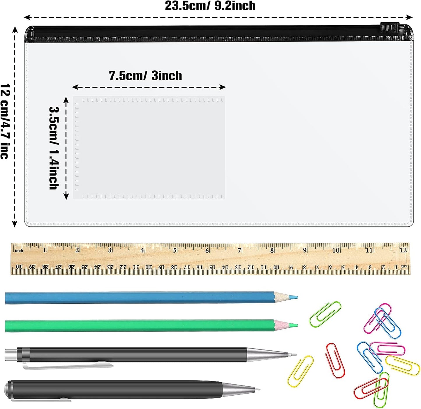 Marspark 100 Pieces Clear Pencil Case Zipper Envelope Bulk with Label Pocket Clear Plastic Envelopes with Zippered, A6 Pencil Bags for Cash, School Office Supplies, 9.2 x 4.7 Inches(Black)