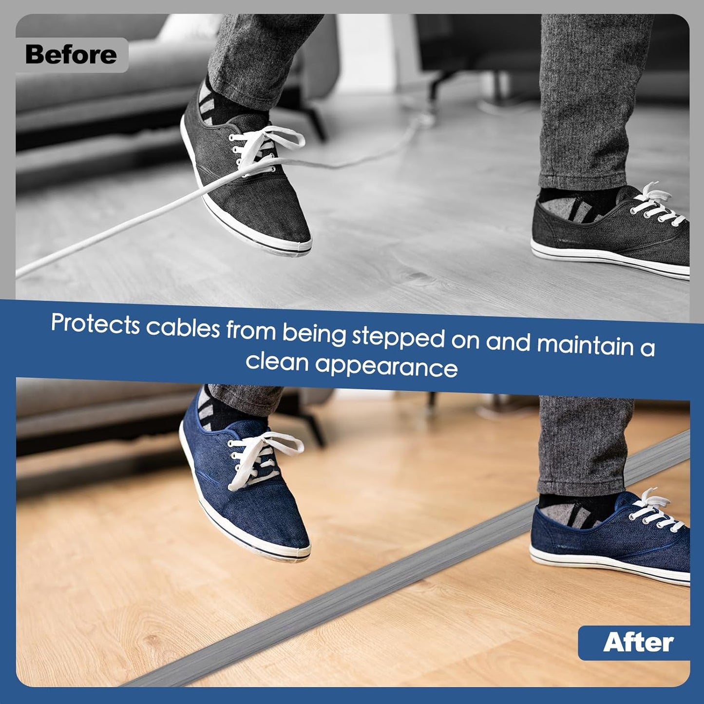 Floor Cord Cover for Wires on Floor Self Adhesive Cord Hider Floor Cable Management Wire Covers for Cords Protector Prevent Cable Trips Cord Cavity W 0.47" x H 0.27", Gray Wood, 10Ft