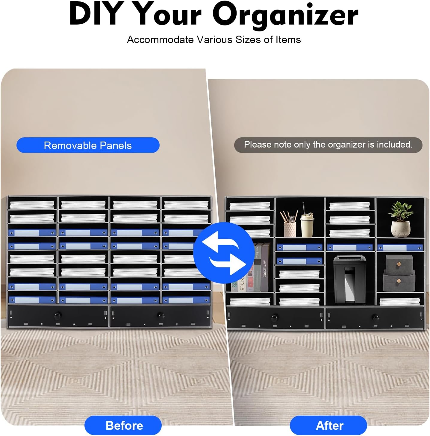 Adjustable Literature Organizer, 32 Slots File Folder Organizer Storage Rack Desktop Letter Office Cabinet 32 Compartment with 2 Drawers Paper Storage Cabinet for Classroom (32+2-Slot-Black)