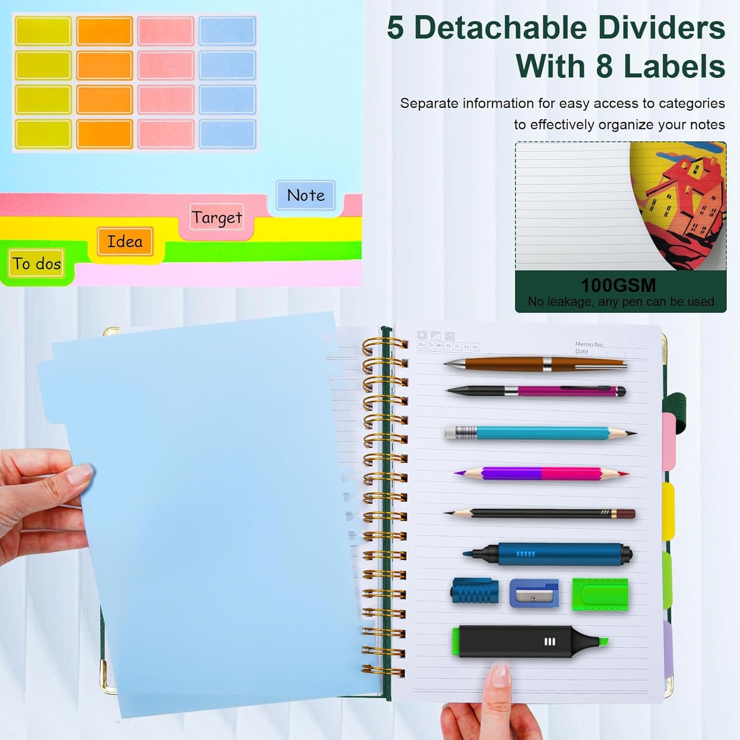 Hardcover Spiral Notebook 8"x10" Journal Notebook with Tabs and Removable Dividers 300 Pages 5 Subject Notebook College Ruled, Faux Leather Spiral Bound Notebook for Women, Students, School Work (Green)