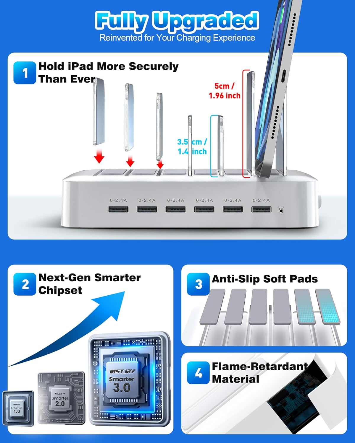 MSTJRY Charging Station for Multiple Devices : 6 Port USB Charger Stations - Family Multi-Device Organizer Charging Dock - Designed for iPhone iPad Android Cell Phone Tablet and Electronic, White