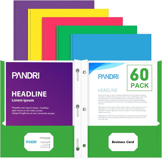 Two Pocket Folders, PANDRI 60 Pack Two Pocket Folders with Prongs, 2 Pocket 3 Prong Folders Designed for Office and Classroom, Letter Size, Assorted 5 Colors