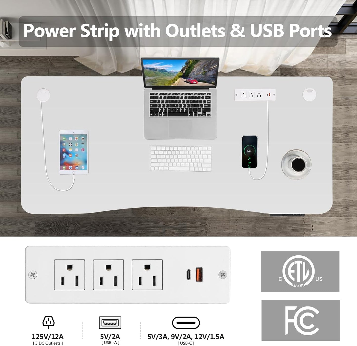 Electric Standing Desk 48 x 24 Inches Adjustable Height Ergonomic Sit Stand Up Desk Curved for Home Office Computer Workstation with 2 USB Ports 3 Power Outlets Memory Preset Wheels, White