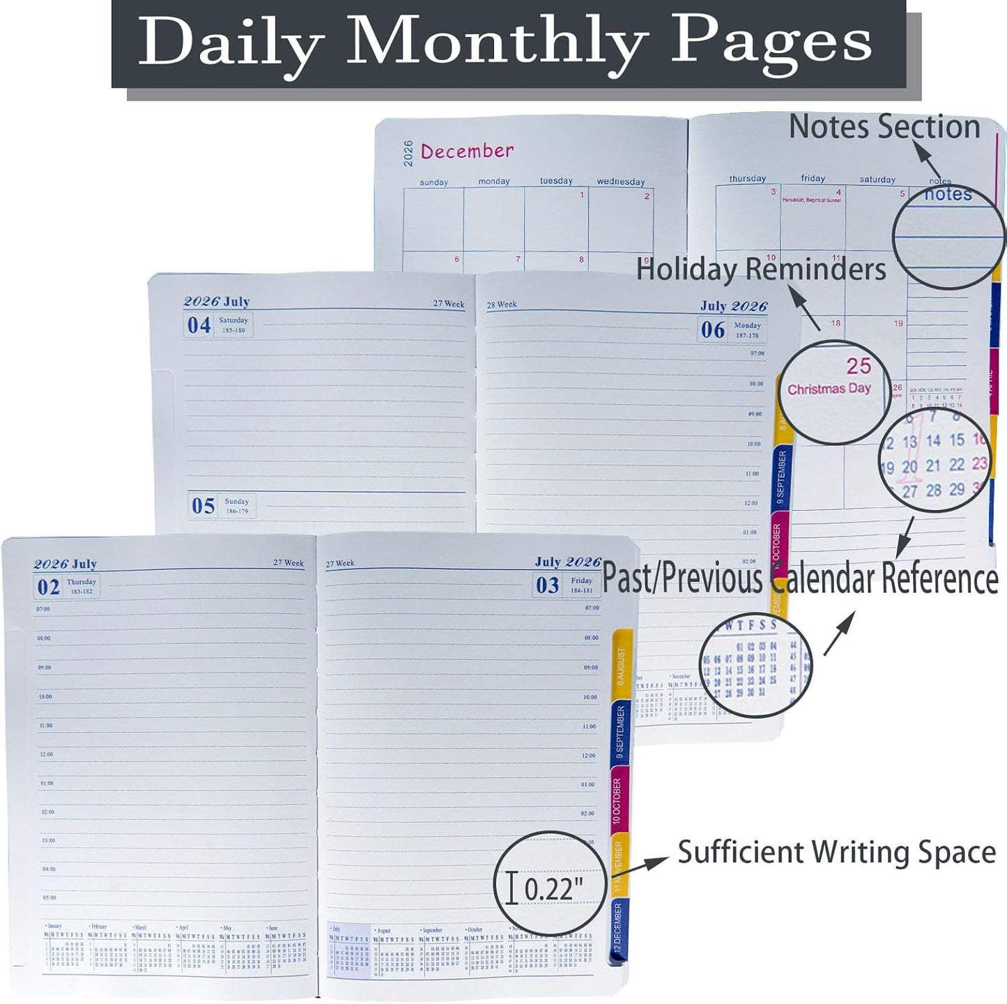 2026 Daily Monthly Planner - Calendar, January - December 2026, 100GSM Thick Paper, Leather Cover, Planner with Hourly Schedule,6.1" x 8.2", Daily Inside Page - Monthly Inside Page, Pen Holder, Bookmarks (Dark Gray)