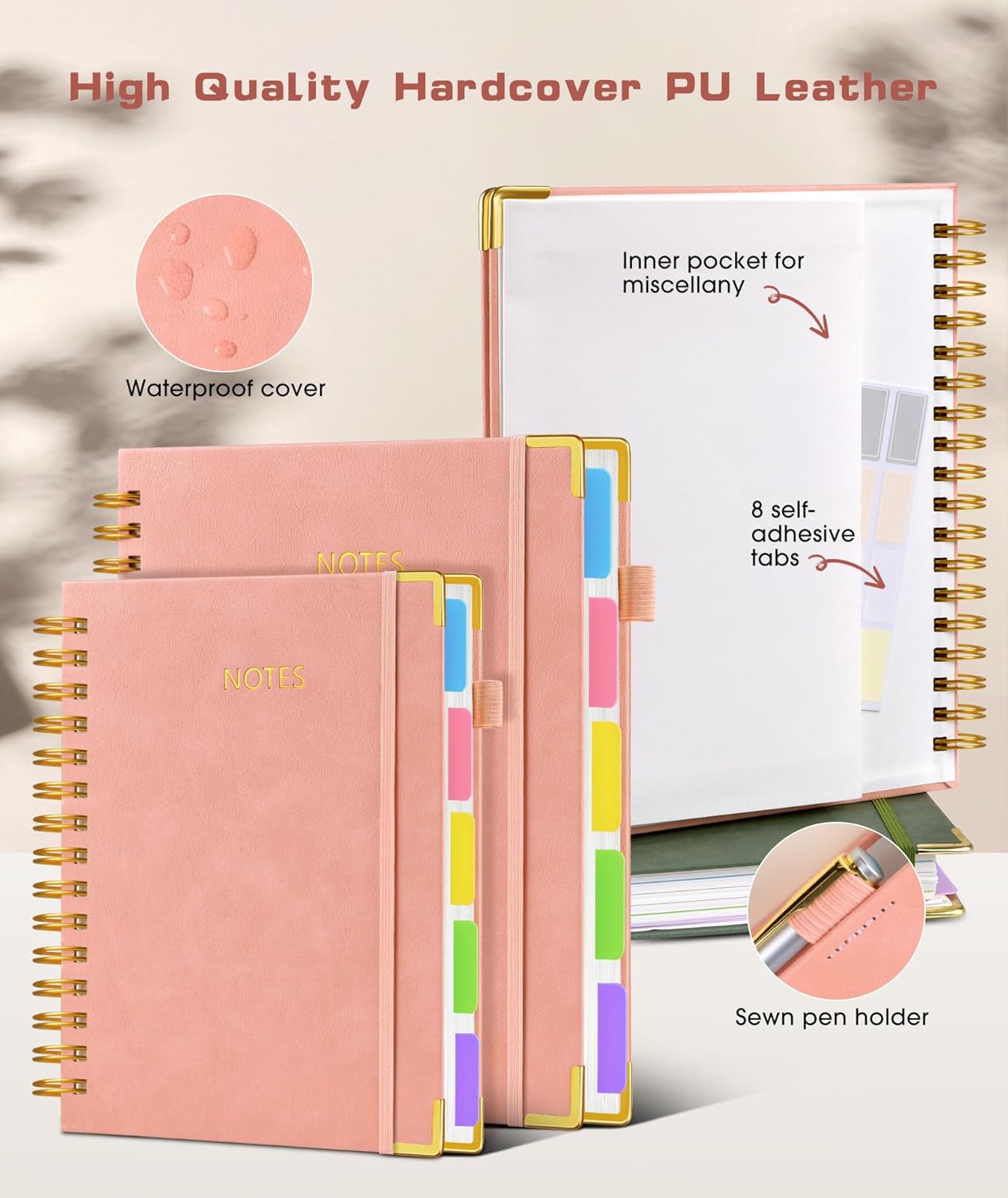 Hardcover Spiral Notebook journal with Removable Dividers Tabs, 300 Pages Leather 5 Subject Notebook College Ruled, 100GMS A5 Notebooks for Work School Note taking,Lined Journal for Women,A5-Pink