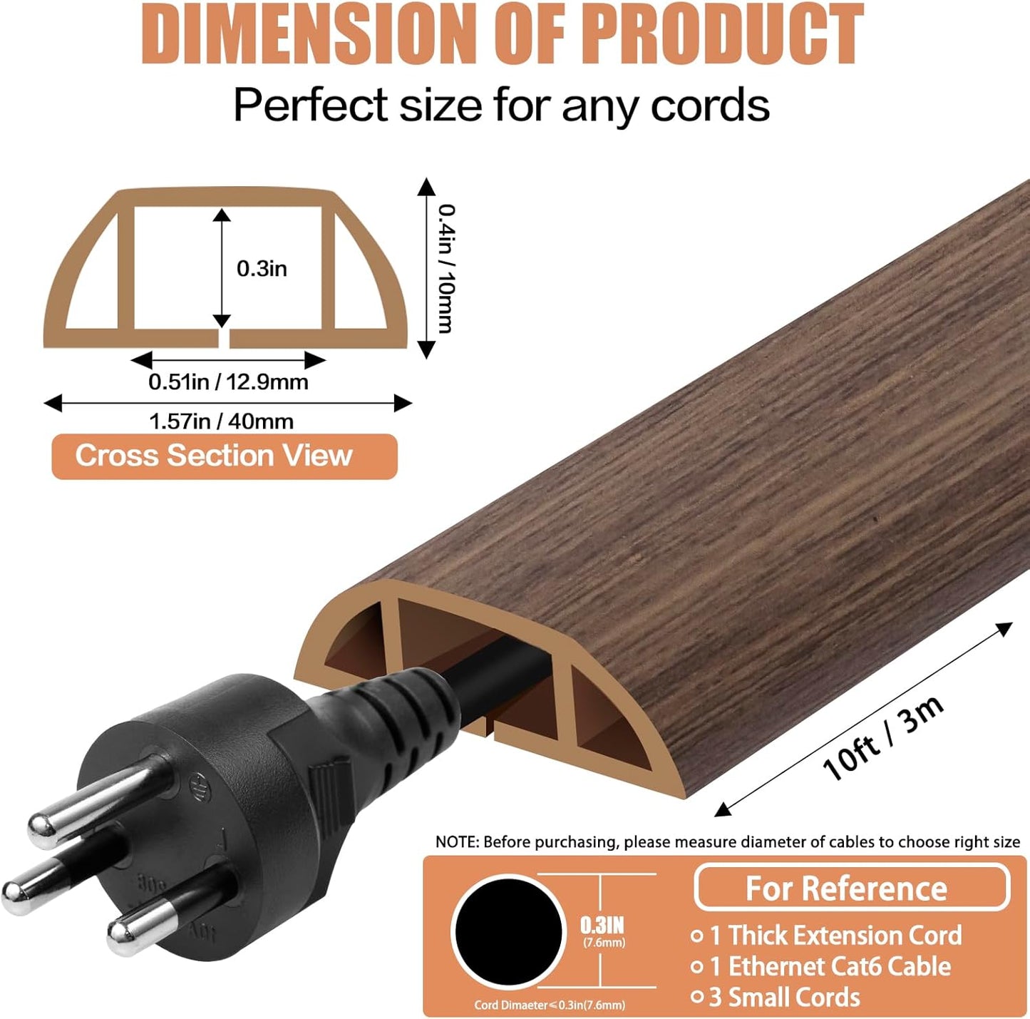 Floor Cord Cover Cable Cavity Self Adhesive Cord Hider Floor 10FT Floor Cable Management Power Cord Protector Floor Electric Cord Covers for Offices, Gym, Exhibitions (Misty Brown Wood, 1.57" x 10')