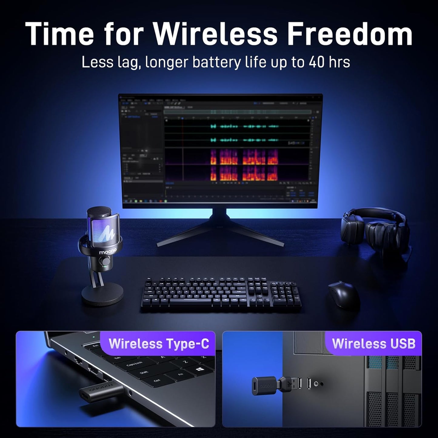 MAONO Wireless Microphone for PC,Gaming Streaming Condenser Mic with Software AI Voice Change,3-Level Noise Cancellation,Custom EQ,Gain Control USB Mic for Podcast Recording (DM40-Black)