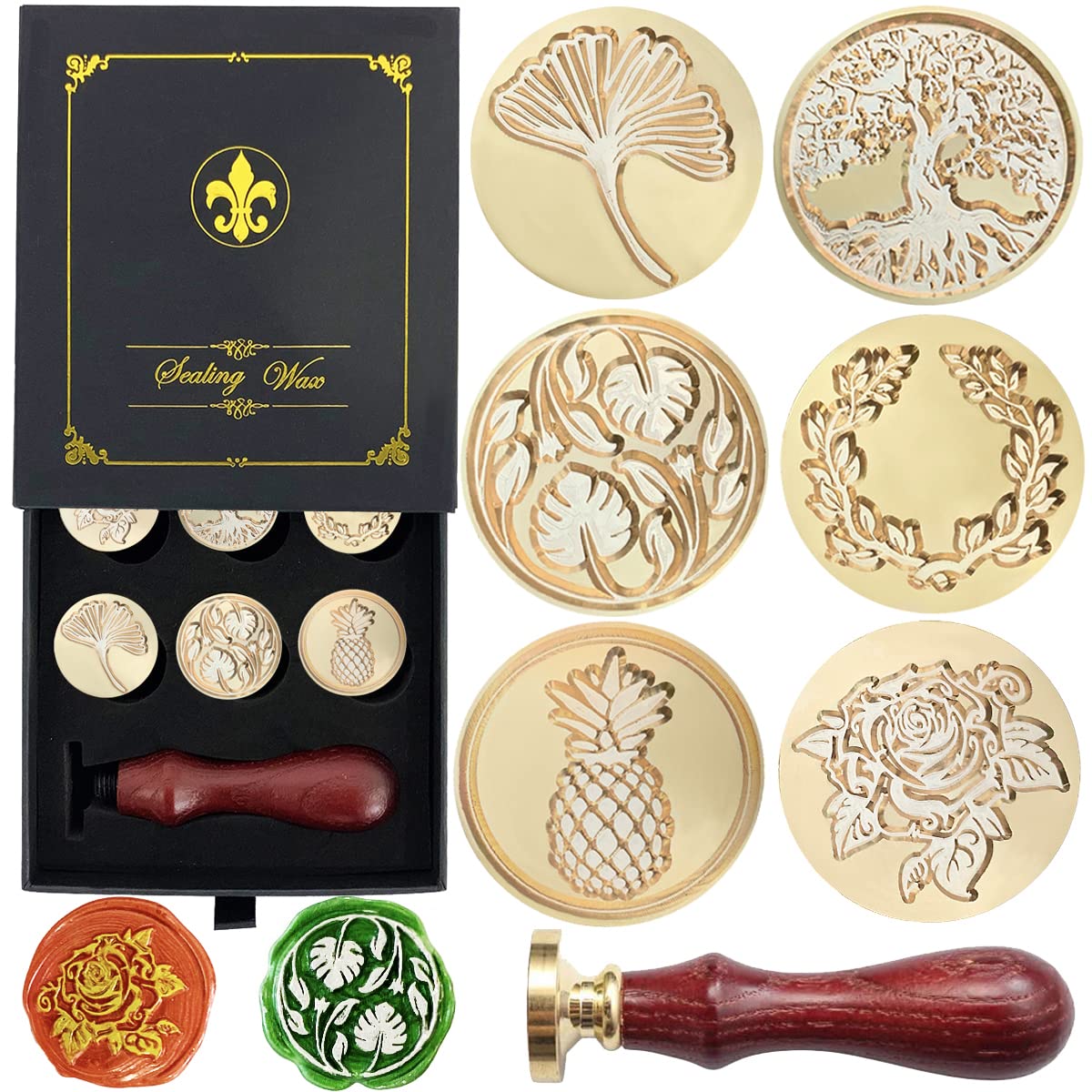 Wax Seal Stamp Hot Stamping Gift Box Set, 6 Pcs Sealing Wax Stamps Copper Seals 1 Wooden Hilt, Wax Stamp Kit for Cards Envelopes, Gift Packaging (Plant)