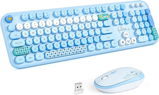 Wireless Keyboard and Mouse Combo, MOWUX Full Size Typewriter Retro Round Computer Keyboard, Cute Optical Mouse Wireless, Plug and Play, for Laptop, PC, Computer - Blue Heart
