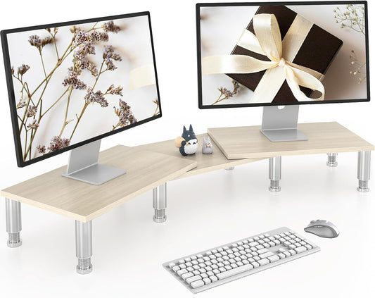 AX Waber Dual Monitor Riser - Adjustable Length & Angle, Wooden Stand for 2 Monitors with Storage