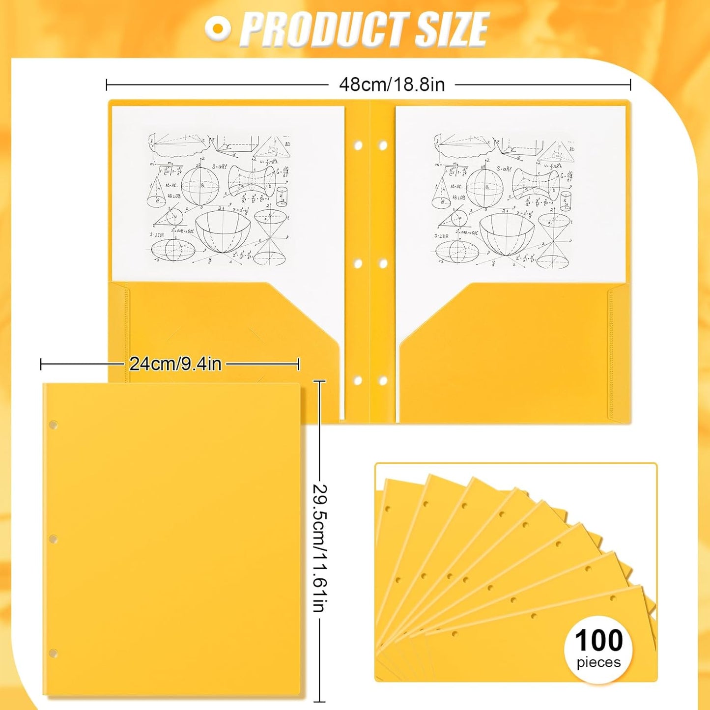 Yeaqee 100 Pcs Plastic Folders with Pockets Bulk 3 Hole Punched 2 Pocket File Folders for 3 Ring Binder Divider Folder for Notebooks, Durable Poly for Office Home (Yellow)