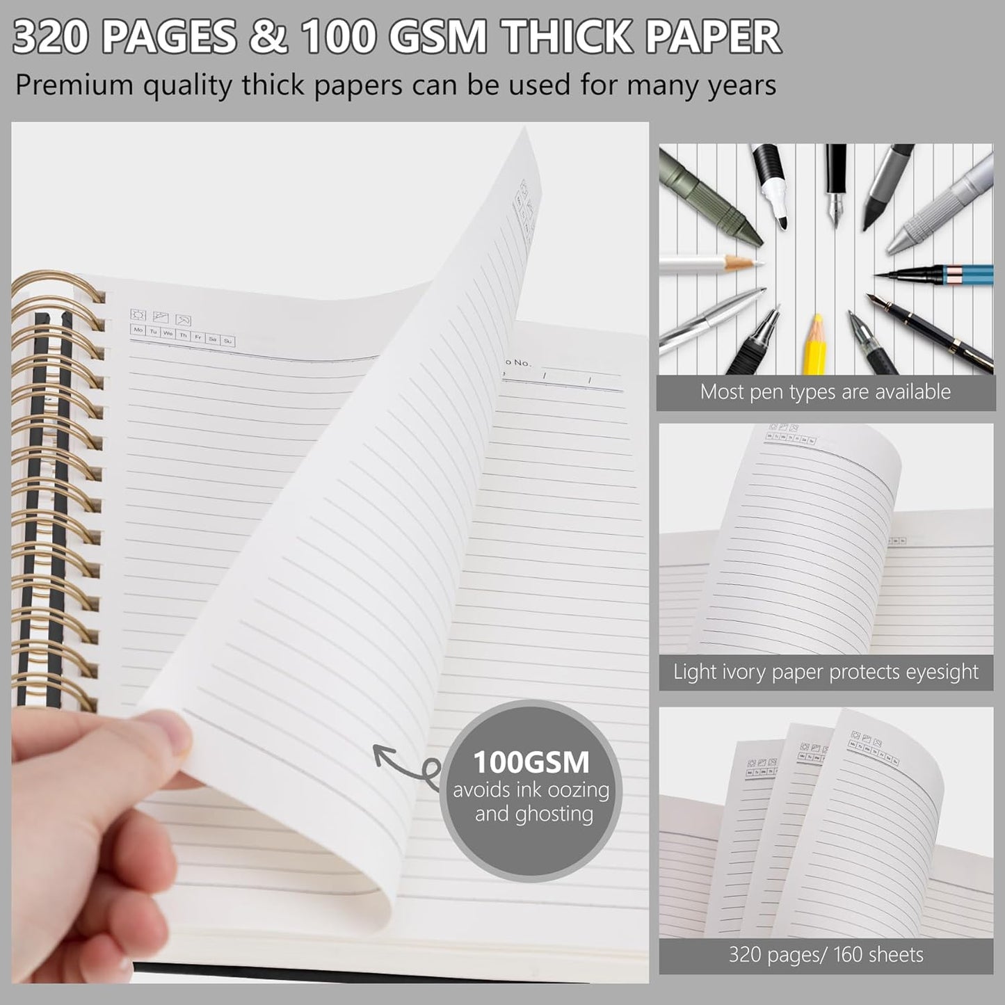 HAUTOCO Spiral Notebook Journal 8.5"x 11", College Ruled Leather Notebook with 320 Pages, 100 GSM Paper, A4 Hardcover Notebook, Lined Journaling Notebooks for Work, Office, School, Business, Black