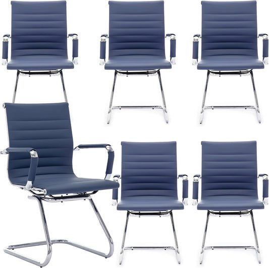 Office Desk Chair No Wheels Set of 6 PU Leather Computer Chairs Mid Back Guest Chairs for School Reception Conference Waiting Room, Navy Blue