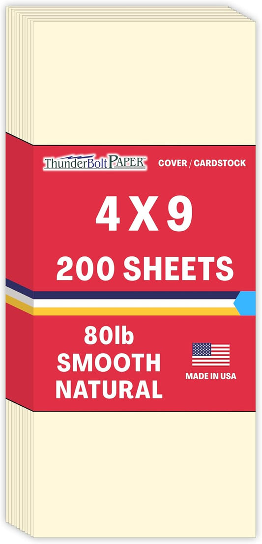 200 Natural Smooth Card Stock Sheets Paper - 4" X 9" (4X9 Inches) #10 Envelope Insert Size - 80# (80 lb/Pound) Cover Weight - Quality Paper - Smooth Finish