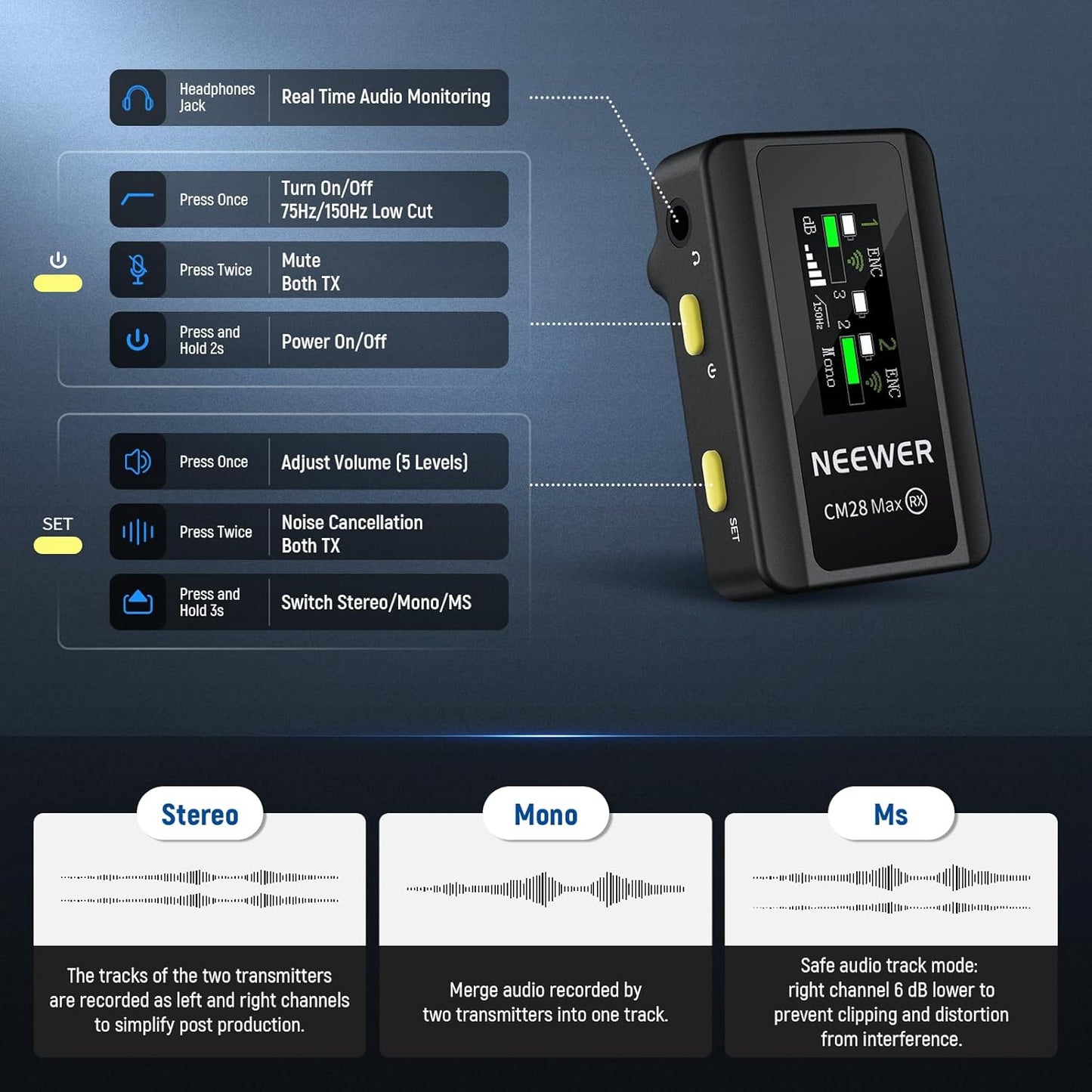 NEEWER CM28 Max Wireless Lavalier Microphone System with Charging Case 48KHz/24Bit Lossless Float Recording Noise Cancellation 8GB Storage 25Hrs Battery 300m Range for iPhone iPad Android Camera PC