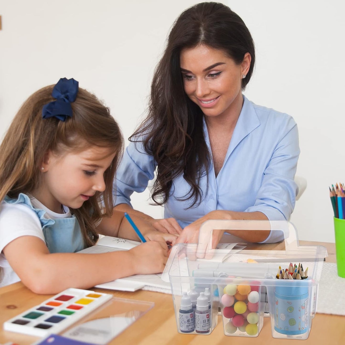 Maitys Classroom Storage Caddies with 4 Compartment Portable Plastic Storage Caddy Organizer with Built in Handles and Colorful Stickers Crayon Caddy Small Utility Caddy for Classrooms Office (6 Pcs)