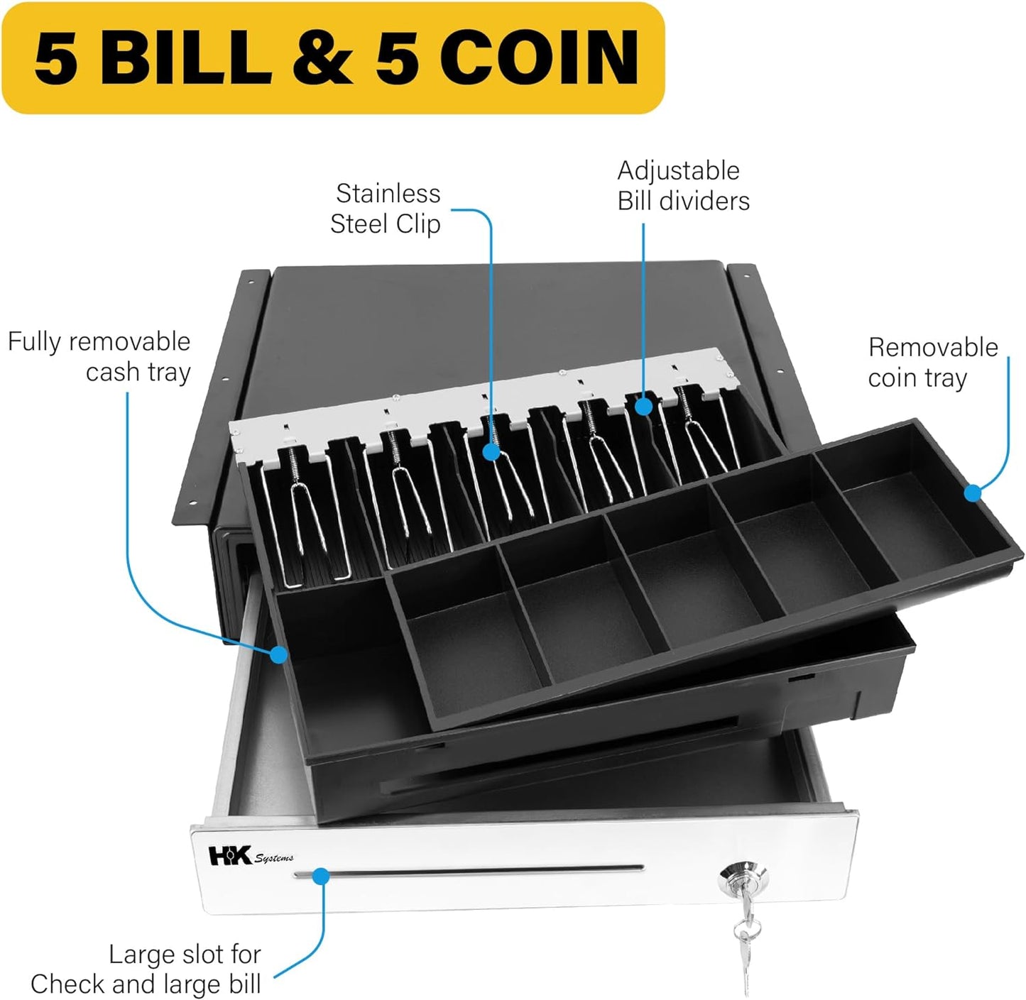 HK SYSTEMS 16" Heavy Duty Black"Push" Open Cash Drawer, 5B5C with Under Counter Mounting Metal Bracket and Till Cover