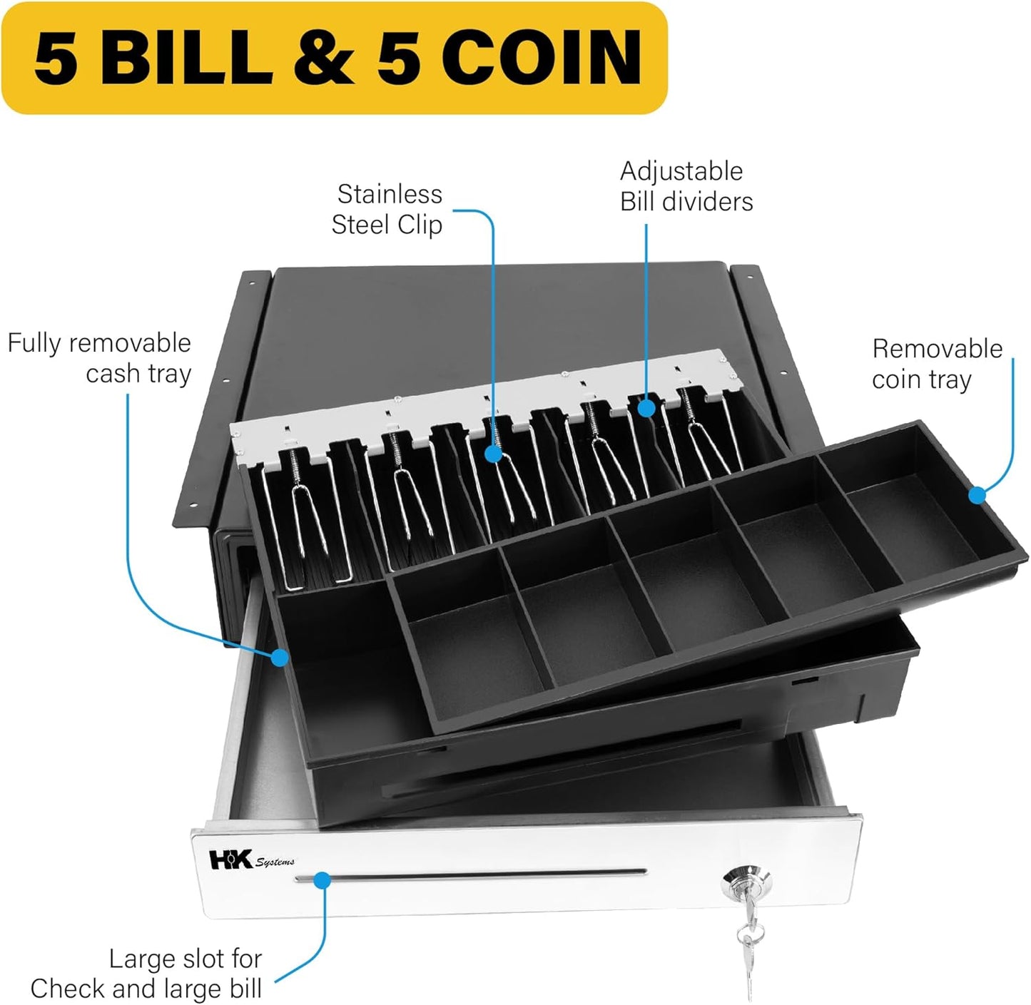 HK SYSTEMS 16" "Stainless Steel" Front Heavy Duty Black POS Cash Drawer with 5Bill/5Coin with Under Counter Mounting Metal Bracket