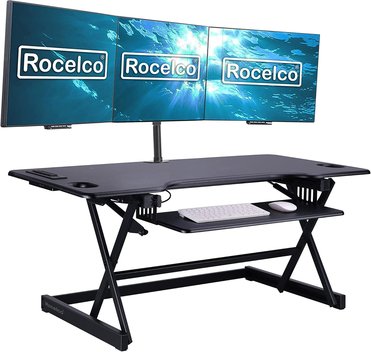 Rocelco 46" Standing Desk Converter with AC USB Charger and Triple Monitor Mount Arm - Height Adjustable Sit Stand Up Three Screen Riser Workstation - Keyboard Tray - Black (R DADRB-46-ACUSB-DM3)