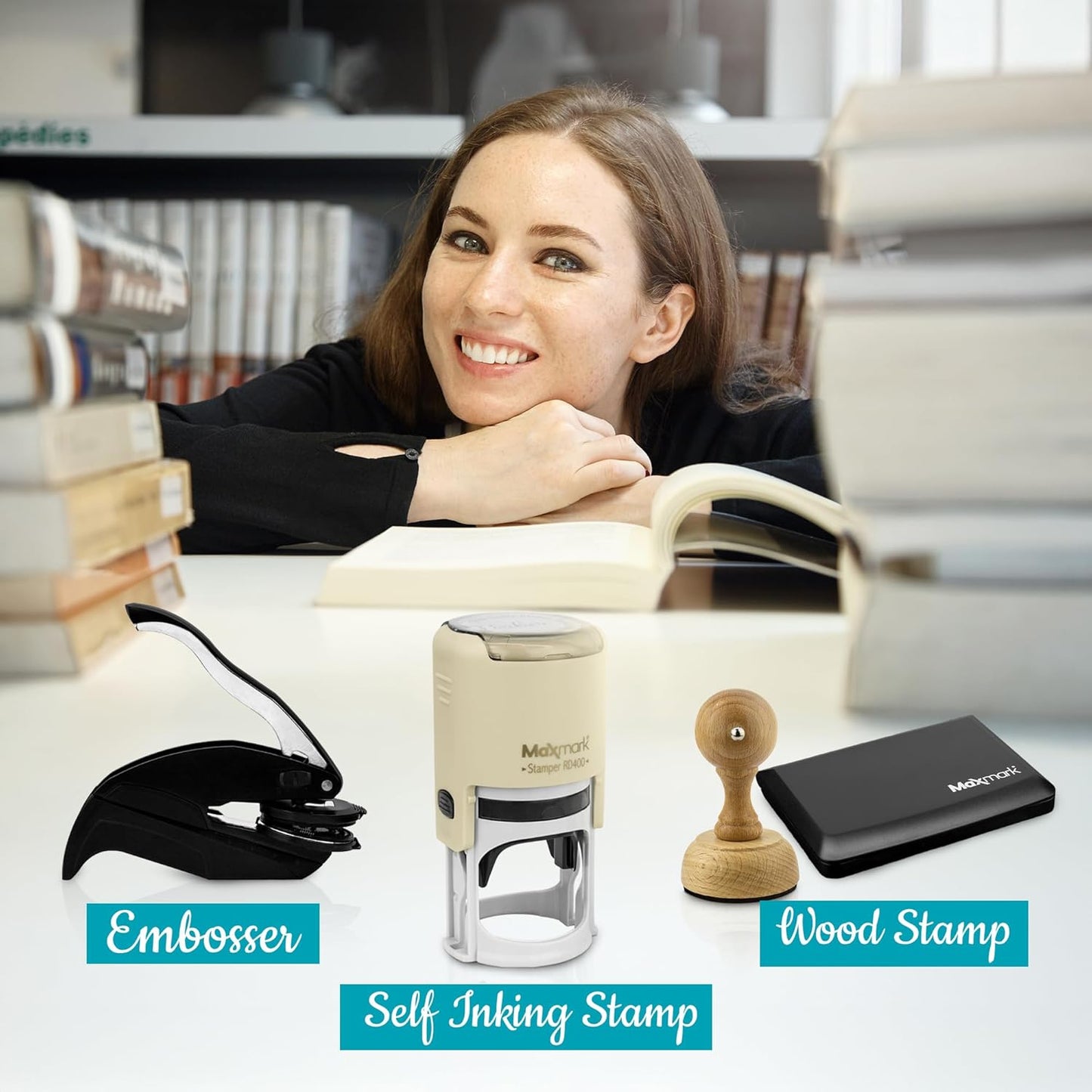 Custom Library Embosser - Style 106 - Embosser, Wood Stamp or Self Inking Stamp - Book Embosser Includes 50 Gold Seals - Custom Stamp Seal from The Library of