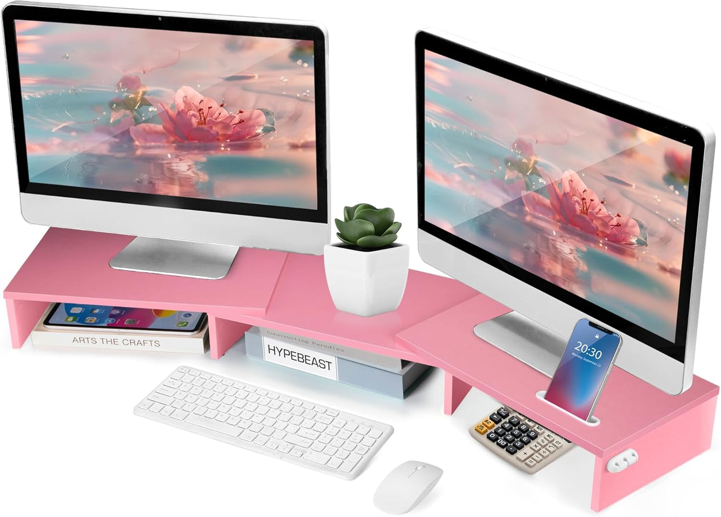 Dual Monitor Stand Riser for 2 Monitors, Monitor Stand for Desk, Adjustable Length & Swivel Angle Wooden Desktop Organizer Stand Riser with Smartphone Holder for PC Monitor Laptop, Pink