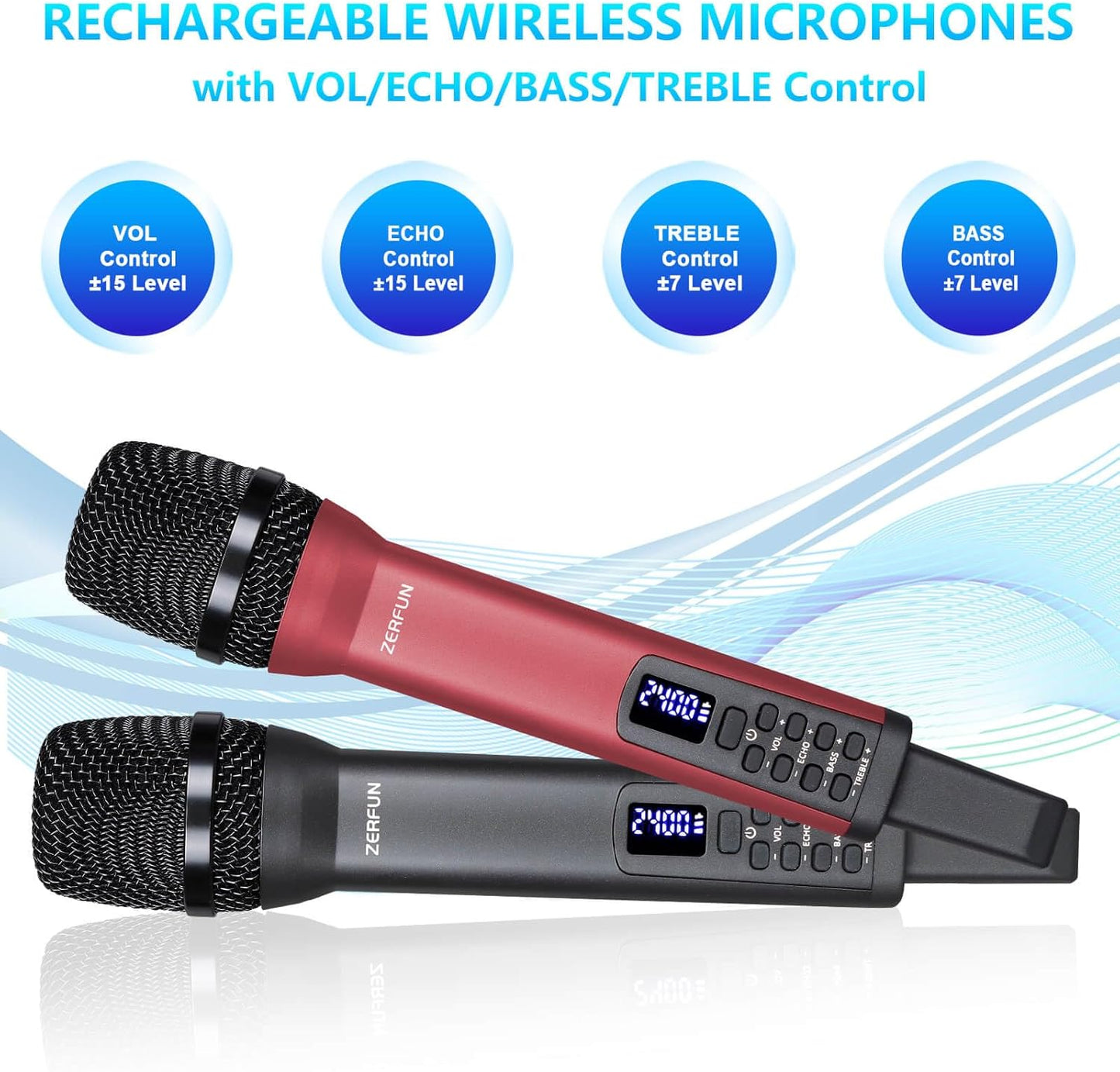 Rechargeable Wireless Microphones 4, Pro Handheld Cordless Mics System Dynamic with Echo Treble BASS VOL Control for Karaoke Singing Church Party, 1/4'' Output, D240, Grey&Red