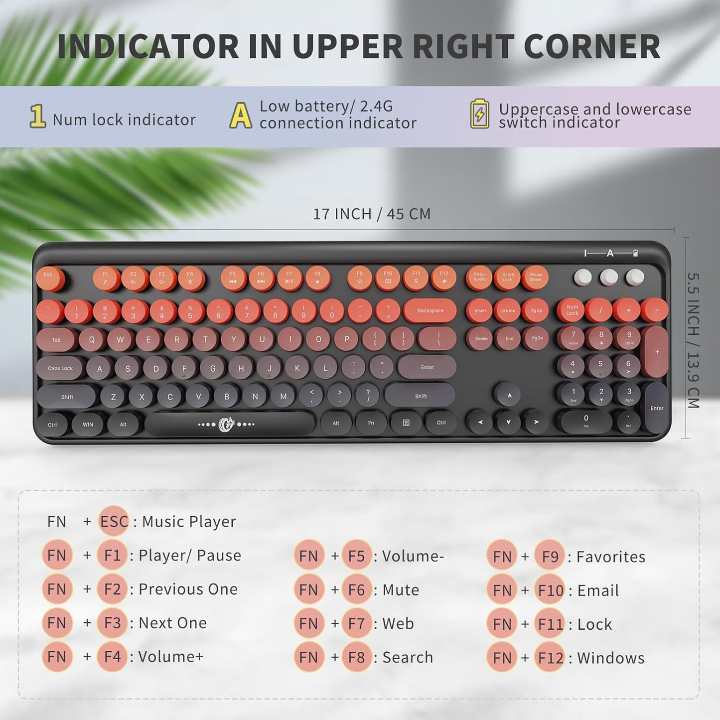 Wireless Keyboard and Mouse Combo, 104 Round Keys Cute Colorful Keyboard and Mouse with Retro Typewriter for PC/Mac/Laptop/Tablet/Computer/Windows Black Red