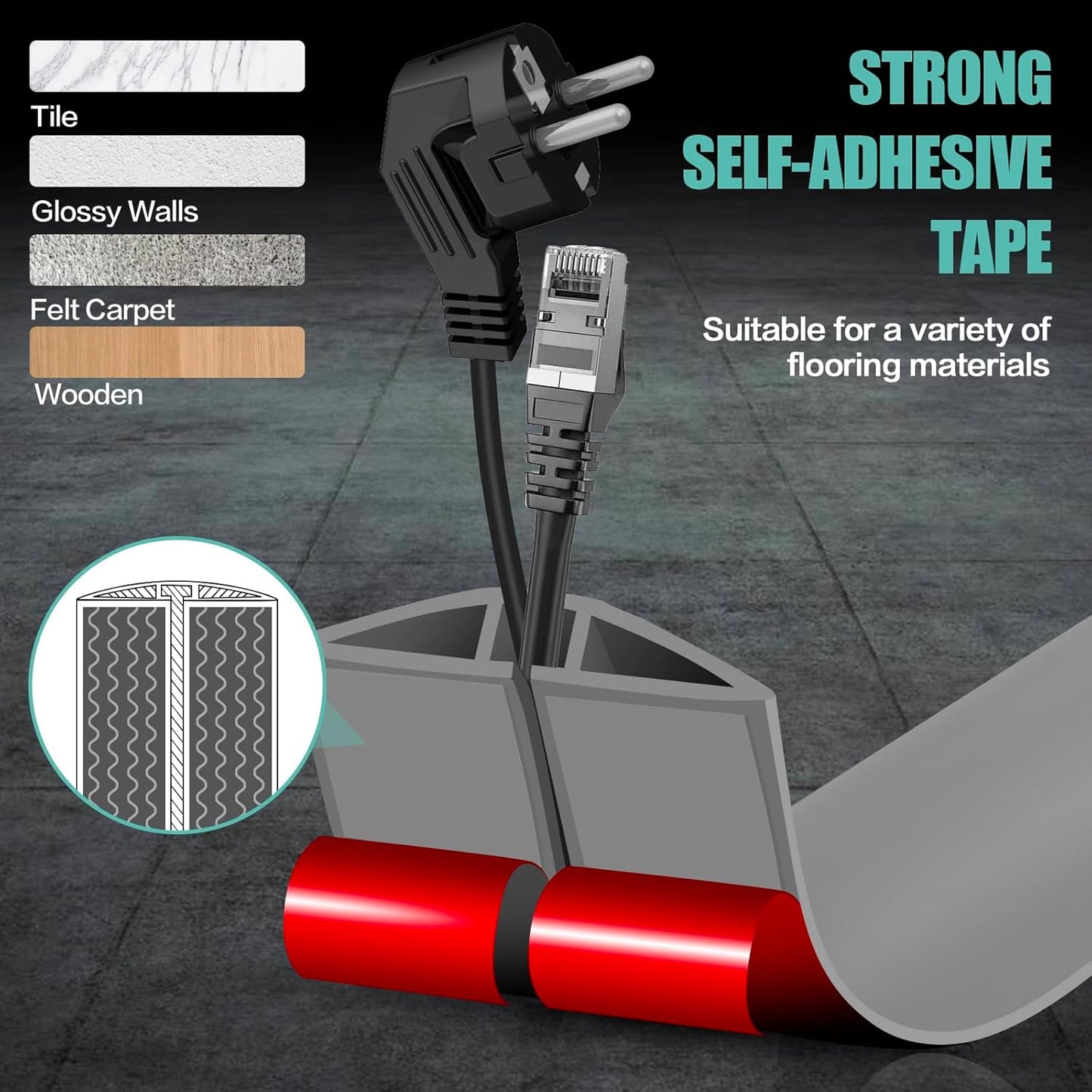 Floor Cord Cover Self Adhesive Cord Hider,3.3FT Cable Management, Extension Strip Protector for Wires, Prevent Cable Trips for Offices, Gyms, Exhibitions Cavity:0.47"(W) x 0.35"(H) Gray