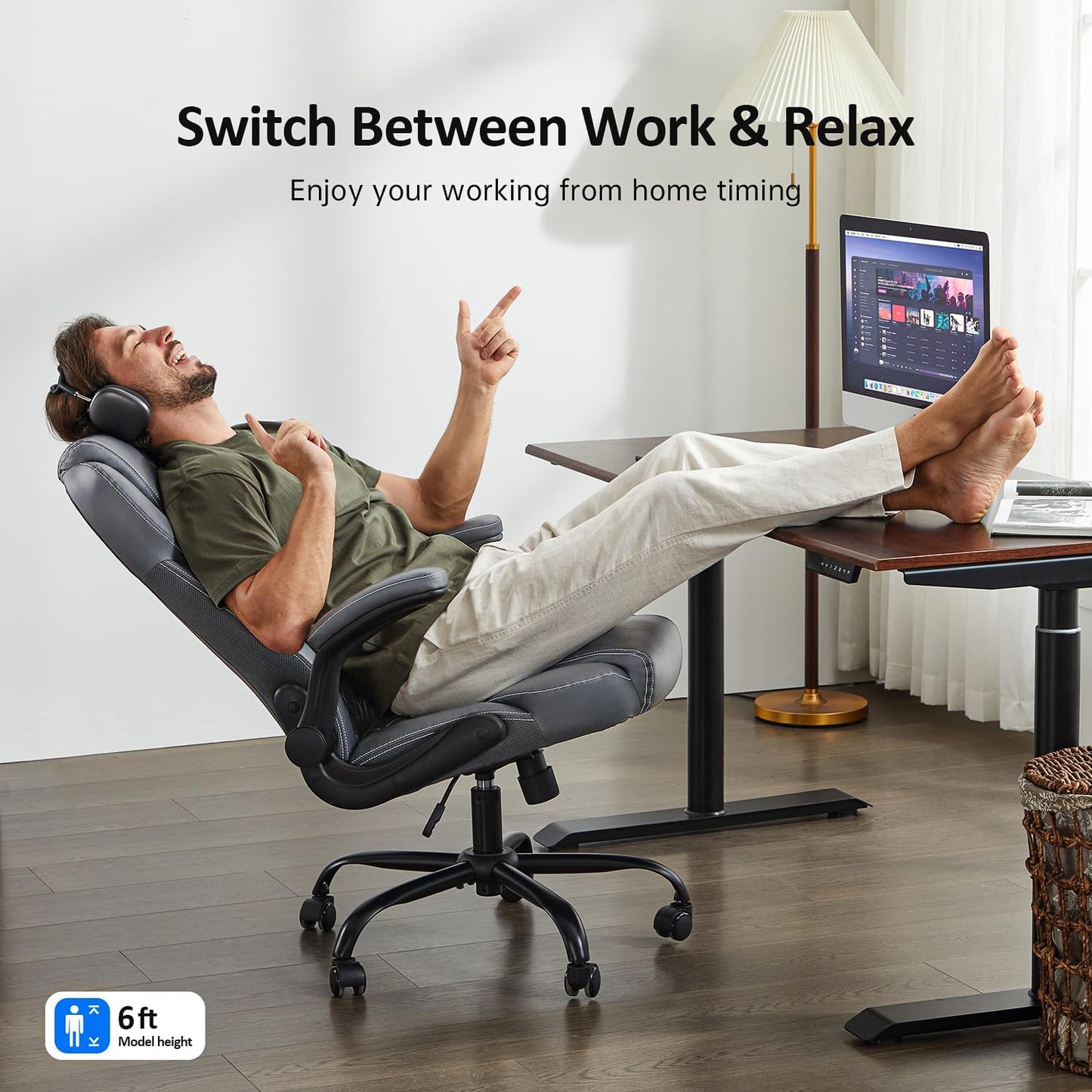 Office Chair, Executive Leather Chair Home Office Desk Chairs, Ergonomic Computer Desk Chair with Adjustable Flip-Up Arms, Lumbar Support Swivel Task Chair with Rocking Function (Gray)