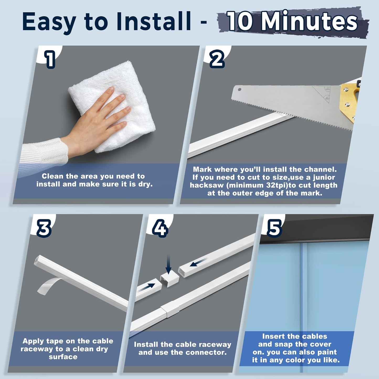 340in Cord Covers for Wires on Wall, One-Cord Wire Covers for Cords, Small White Cord Hider Wall, LZEOY Cable Raceway Wire Hider for Cords, Paintable Cable Concealer - 20x L17 W0.59in H0.4in