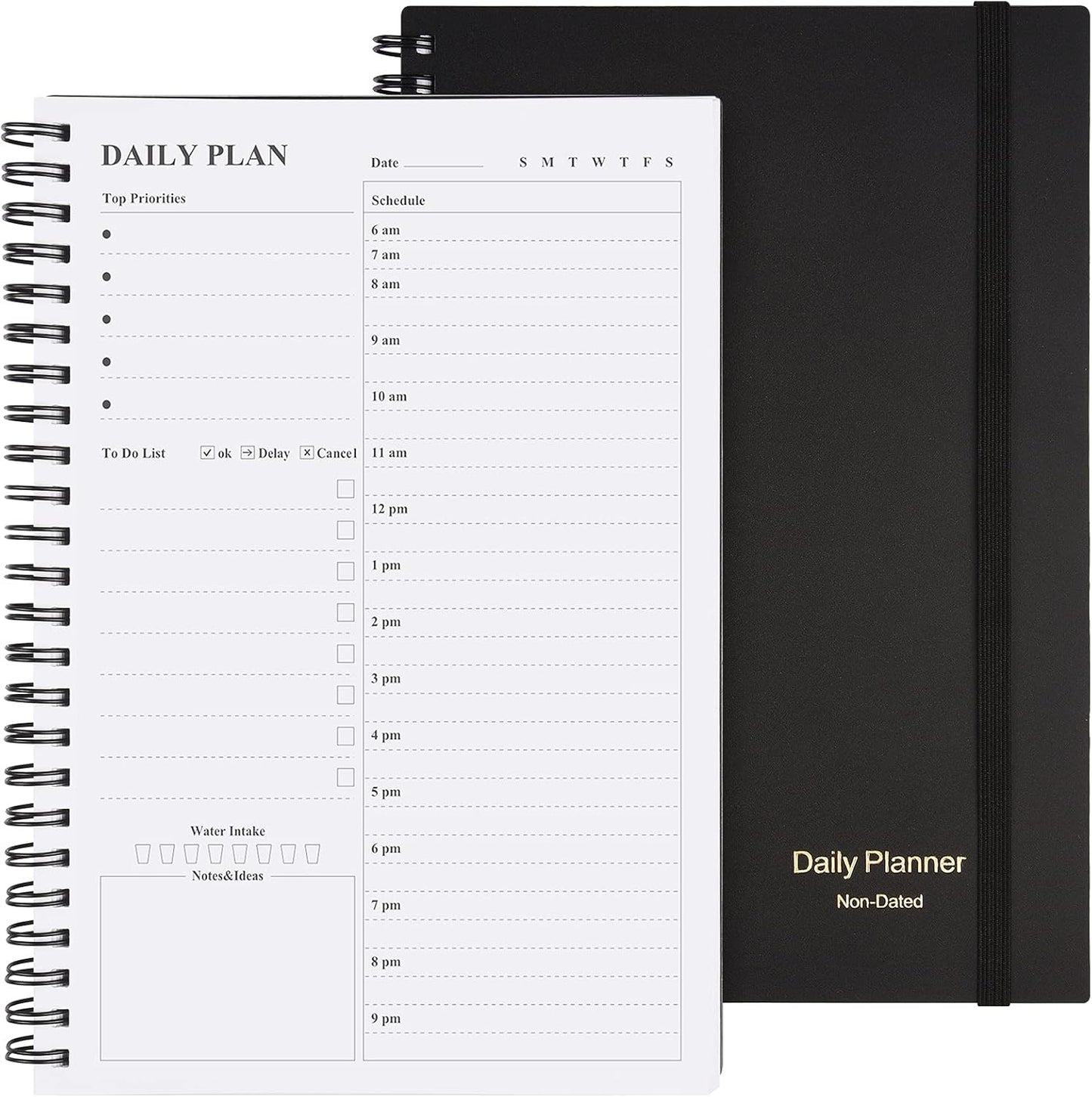 Daily Planner Undated, Asten To Do List Notebook Hourly Schedules Spiral Appointment Planner for Men and Women,PVC Hardcover,Elastic Closure, Inner Pocket 8.3" x 5.8" (Black)
