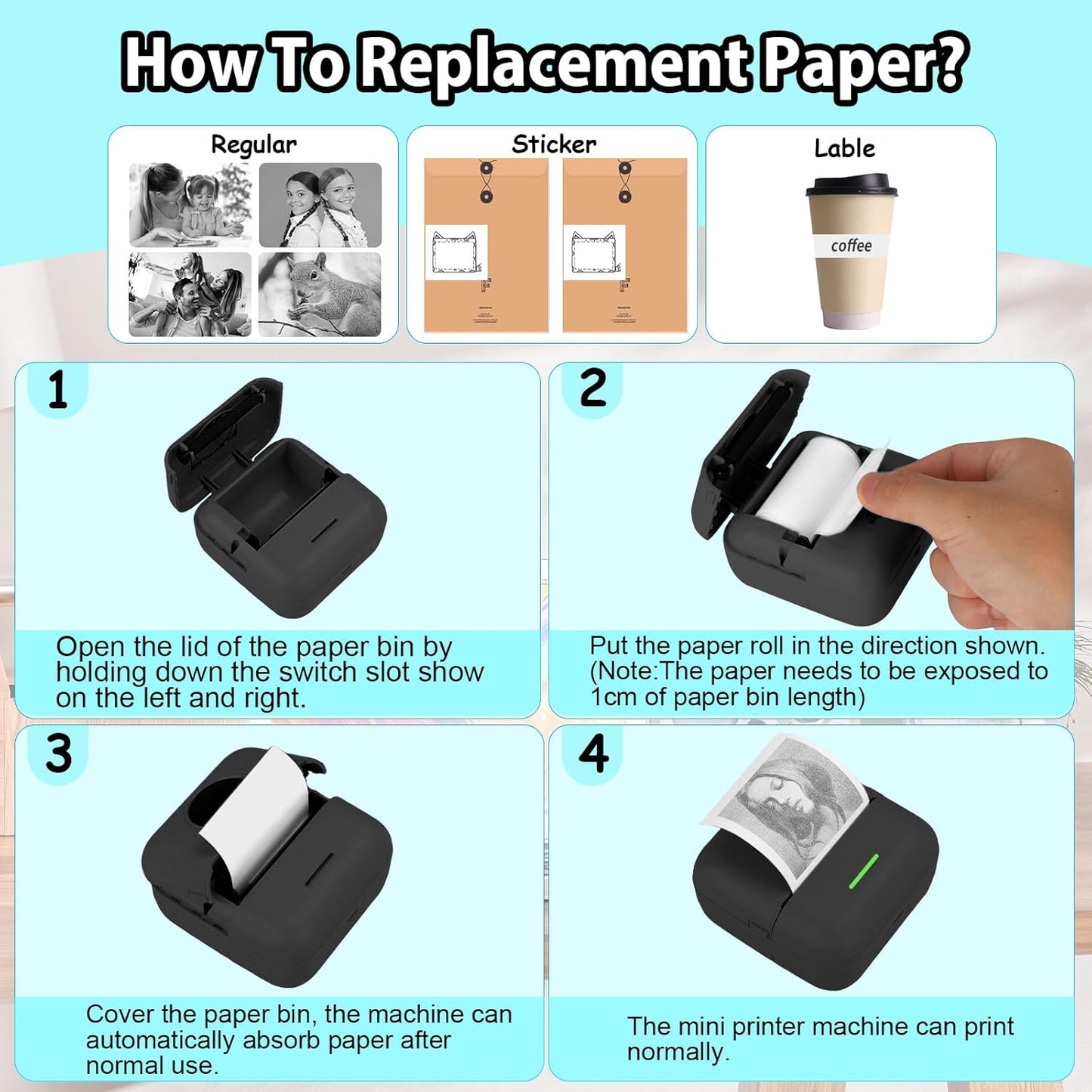 HuiJuKeJi Mini Sticker Printer Bluetooth Smart Pocket Inkless Thermal Printer with 11 Rolls Thermal Paper and Sticker for iOS&Android, Portable Receipt Printer for Photo Journal Notes Memo