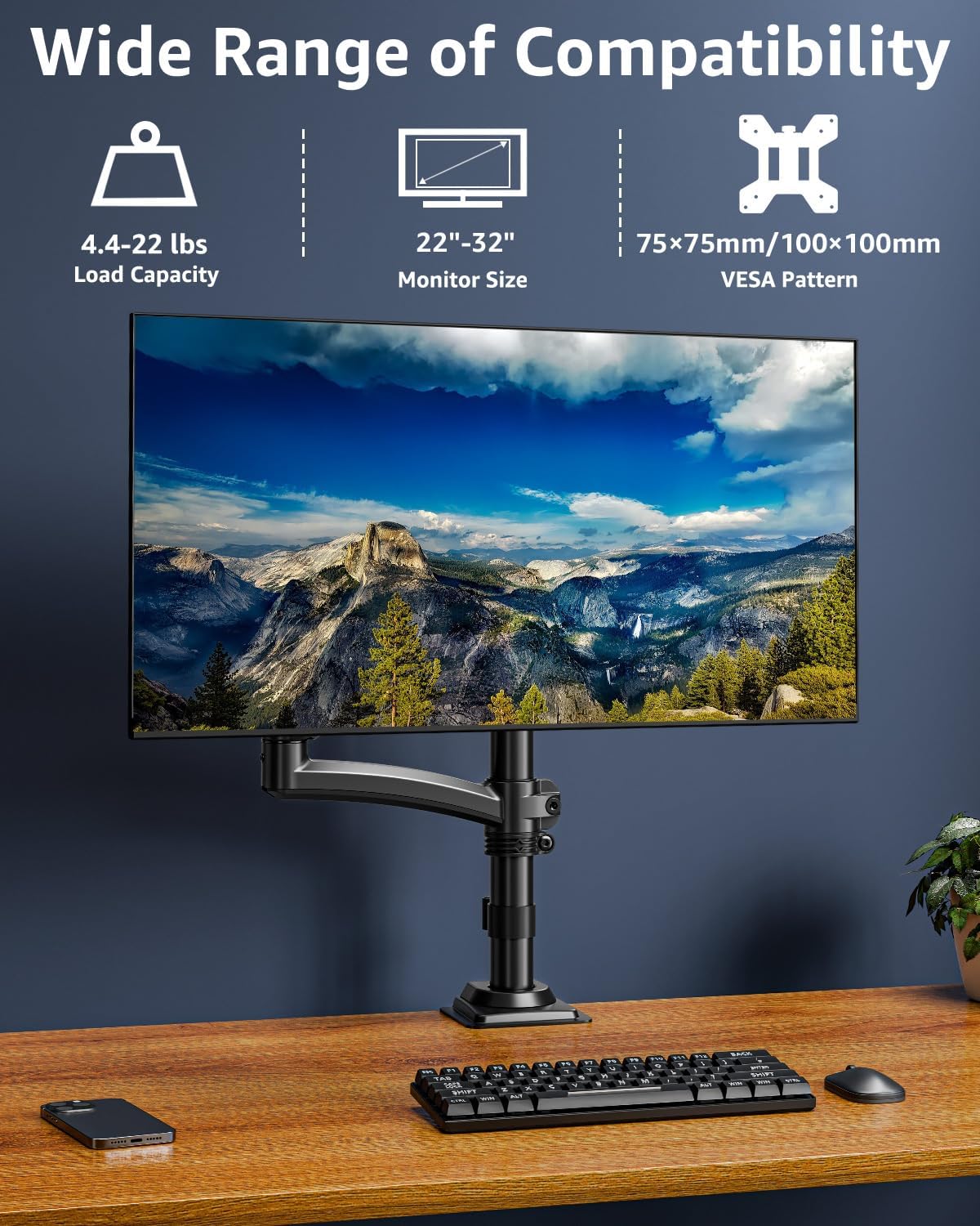 Single Monitor Arm Holds 4.4-22lbs, Monitor Stand for Desk, Height Adjustable Monitors Mount for 32 27 24 22inch, Full-Motion Monitors Desk Mount with C-Clamp＆Grommet Base, Freelift Black