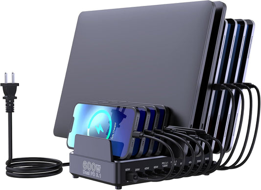 Aftertop 600W USB C Charging Station for Multiple Devices, 10 Ports PD3.1 140W PPS 45W QC60W Fast Charging Block for MacBook Pro Laptop, iPad, iPhone 16 15 Pro Max, Galaxy S24/S23 Ultra etc