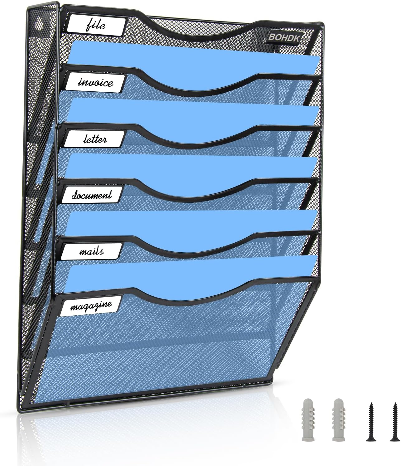Wall File Organizer, 6 Tier Hanging File Folder Mail Organizer, Vertical Mesh Metal Wall Mount Hanging File Holder, Paper Document Magazine Rack for Home Office Black
