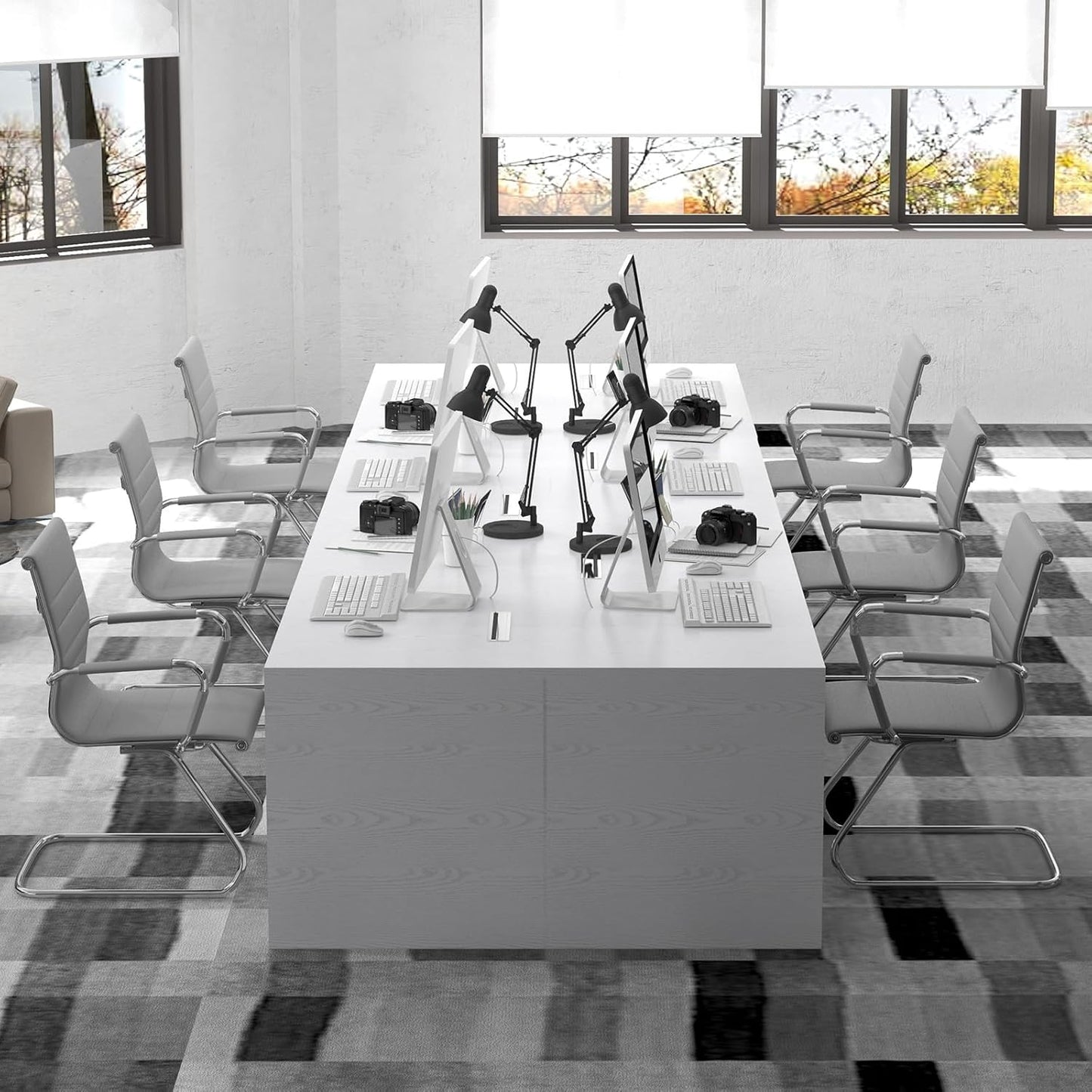 Office Desk Chair No Wheels Set of 4 PU Leather Computer Chairs Mid Back Guest Chairs for School Reception Conference Waiting Room, Grey