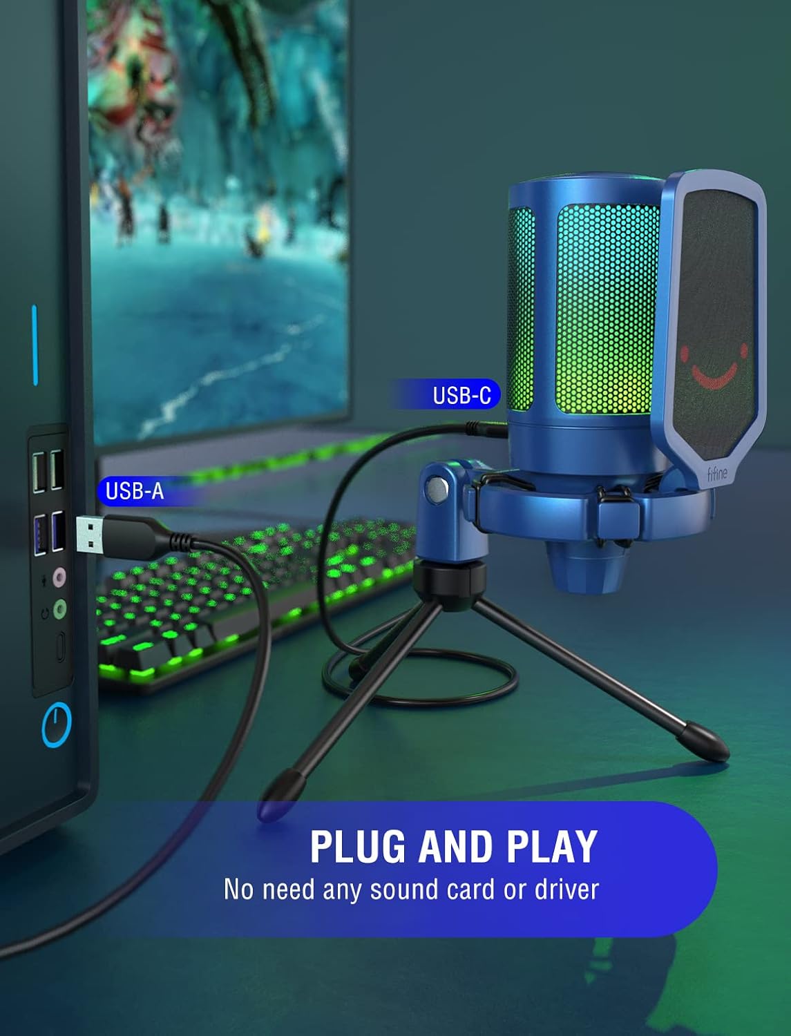 FIFINE Gaming Streaming USB PC Microphone for Mac OS/Windows, AmpliGame Condenser Cardioid Mic with RGB for Video Vocal Recording Twitch Discord, Gamer Computer Mic-Blue