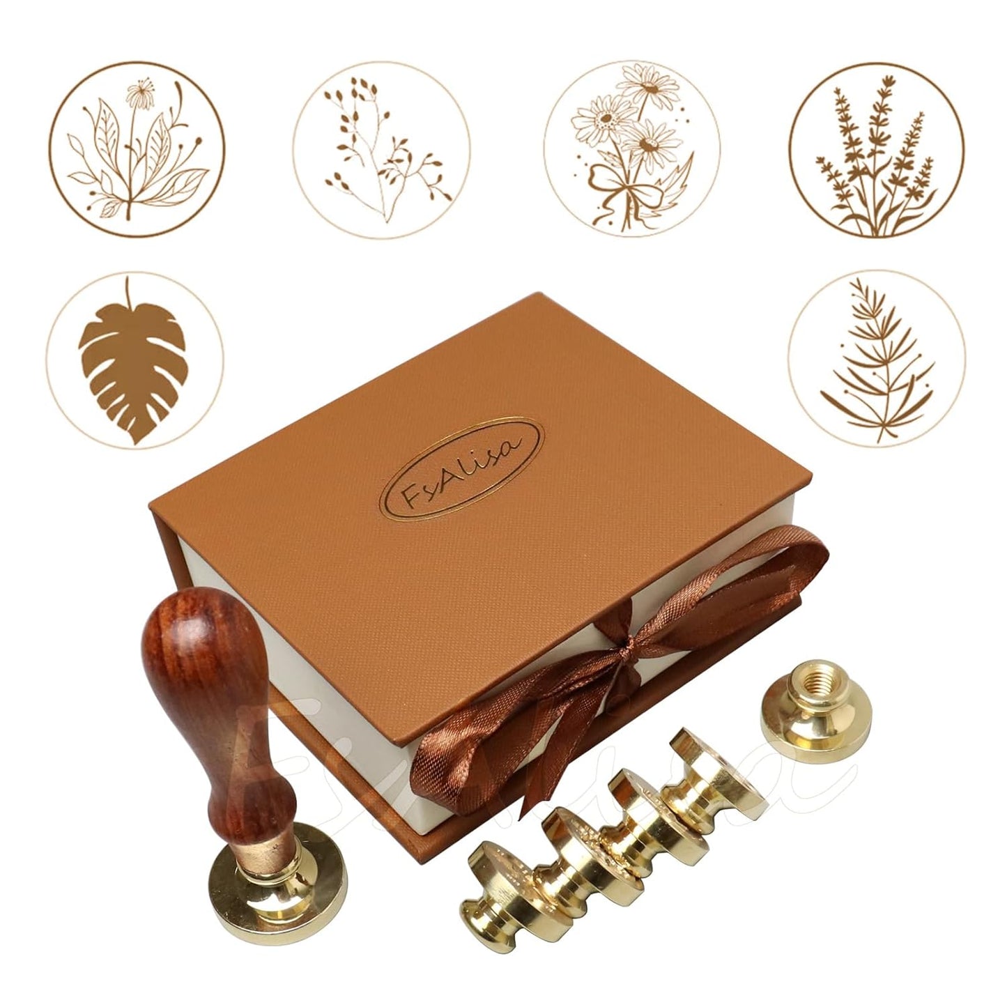 fsalisa Wax Seal Stamp Set 6 Pcs Flower Leaf Sealing Wax Stamps Copper Seals + Wooden Hilt, Seal Wax Stamp Kit with Gift Box for Invitations Cards Letters Envelopes Wine Packages (Botanical Set#-2)