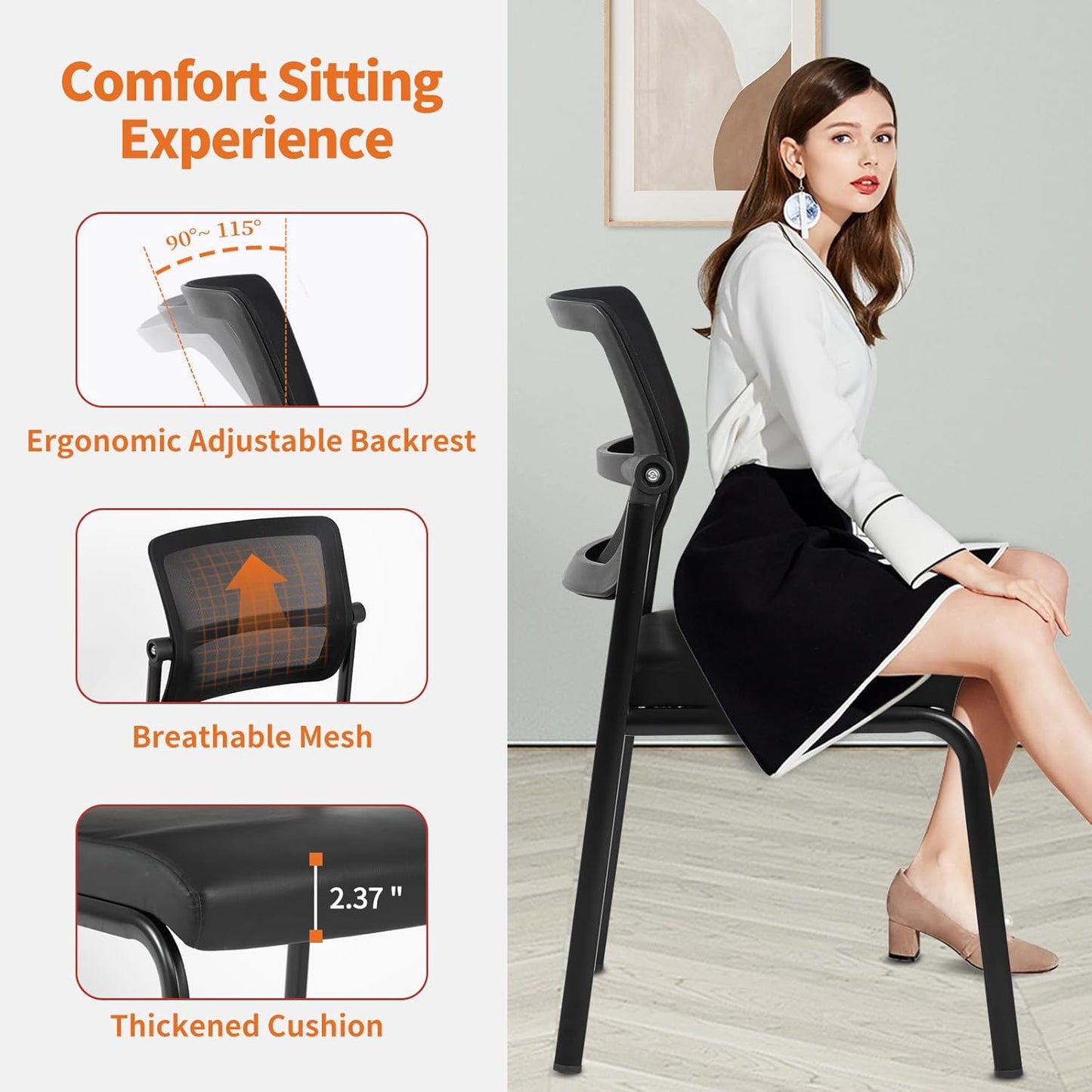 CLATINA Stackable Waiting Room Chair with Adjustable Mesh Backrest, Armless Office Guest Reception Chairs with Leather Cushion and Ergonomic Lumbar Support for Conference Lobby Side School, Black