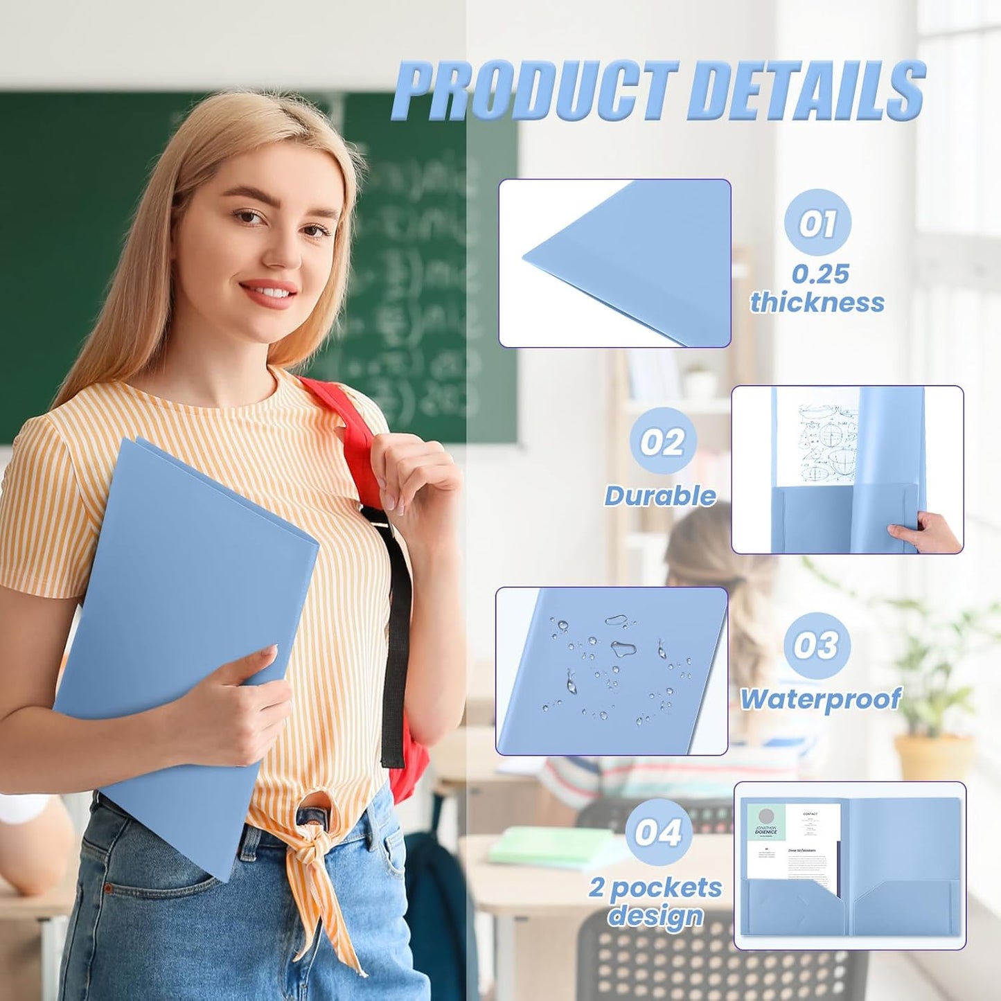 Gueevin 24 Pcs Plastic Folders with Pockets, Back to School Two Pocket Folder Fit Letter Size, Heavy Duty School Business Card Holder for Home Office, 11. 61 x 9. 45 Inches (Haze Blue)