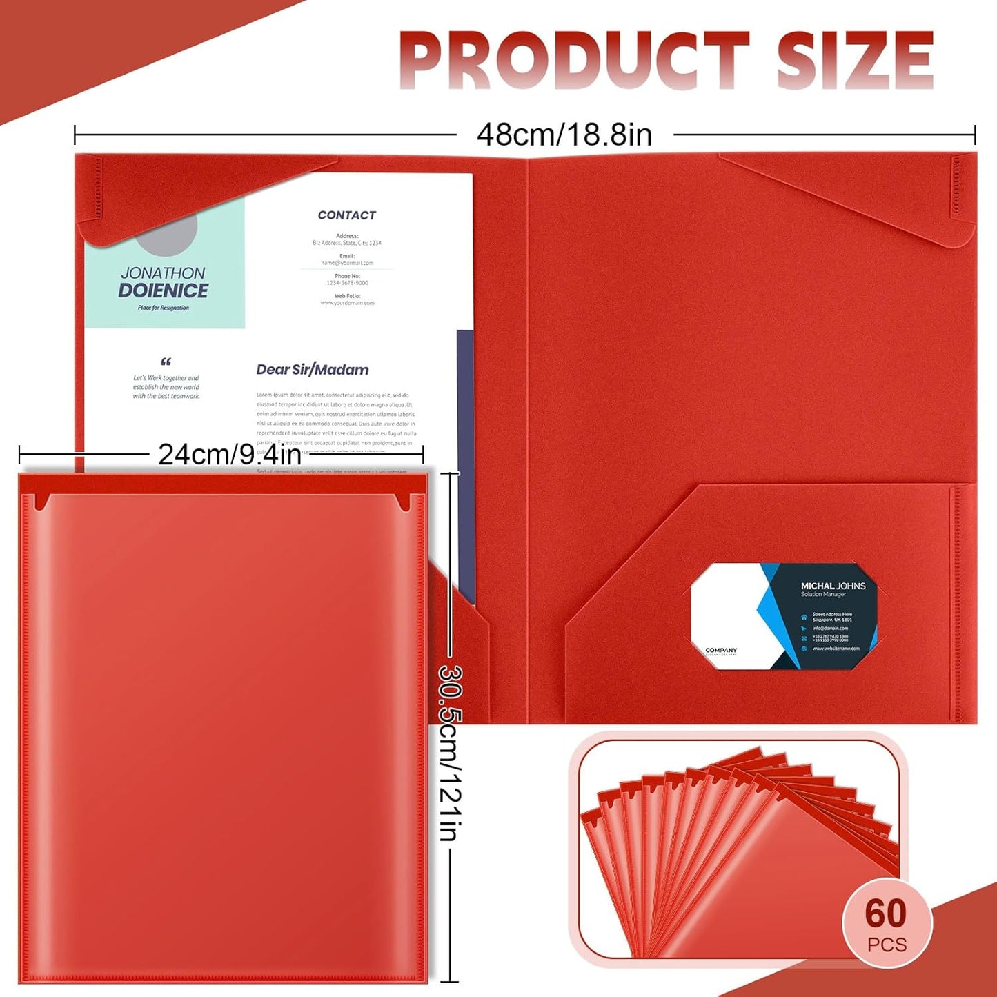 Henoyso 60 Pcs Plastic Folders with Clear Front Pockets Heavy Duty File Folders with 2 Pockets and Card Slot for Student Communication School Office Presentation Report (Red)