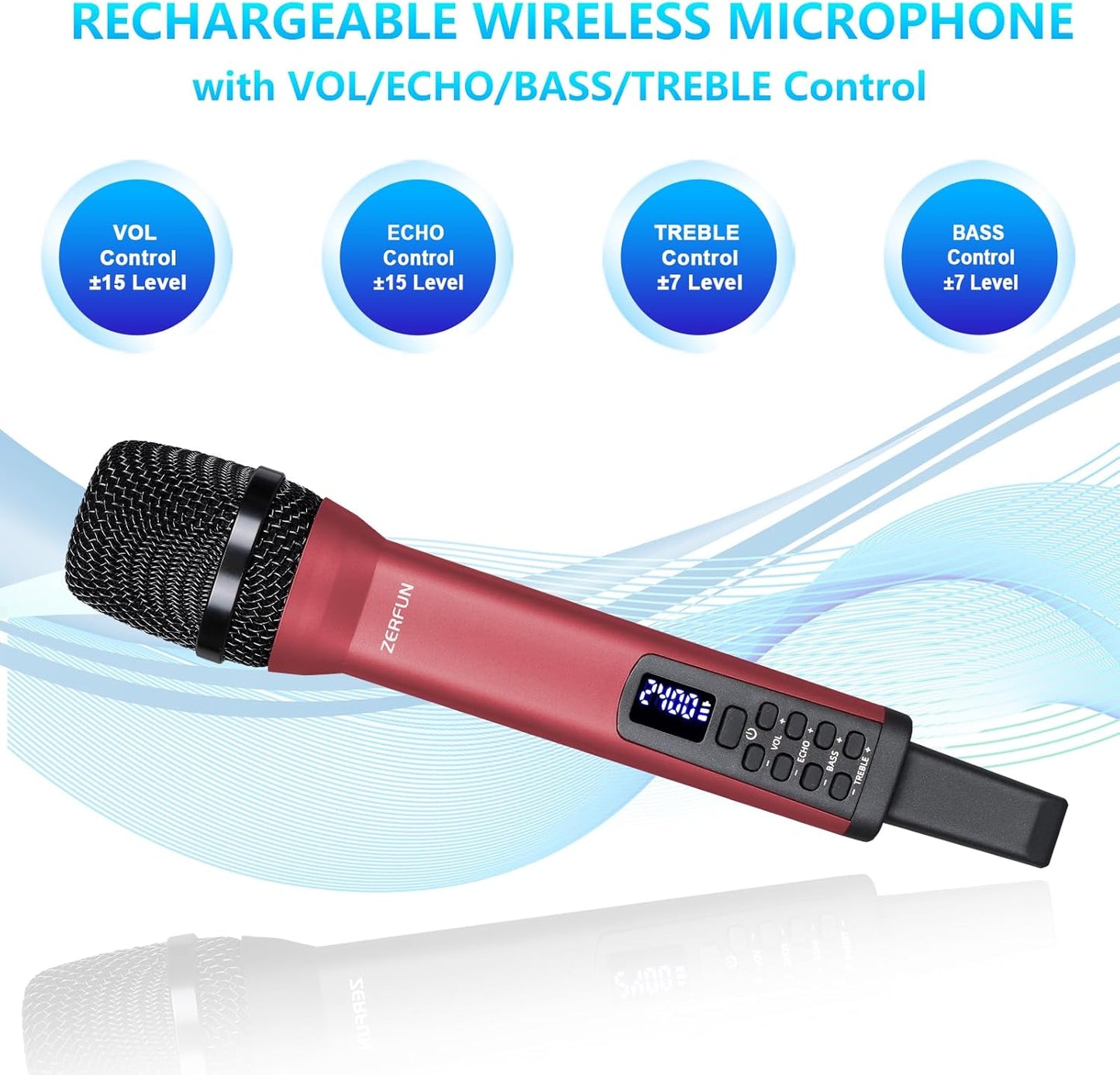 Rechargeable Wireless Microphone, Pro Handheld Cordless Mics System Dynamic with Echo Treble BASS VOL Control for Karaoke Singing Church Party, 1/4'' Output, D240, Red