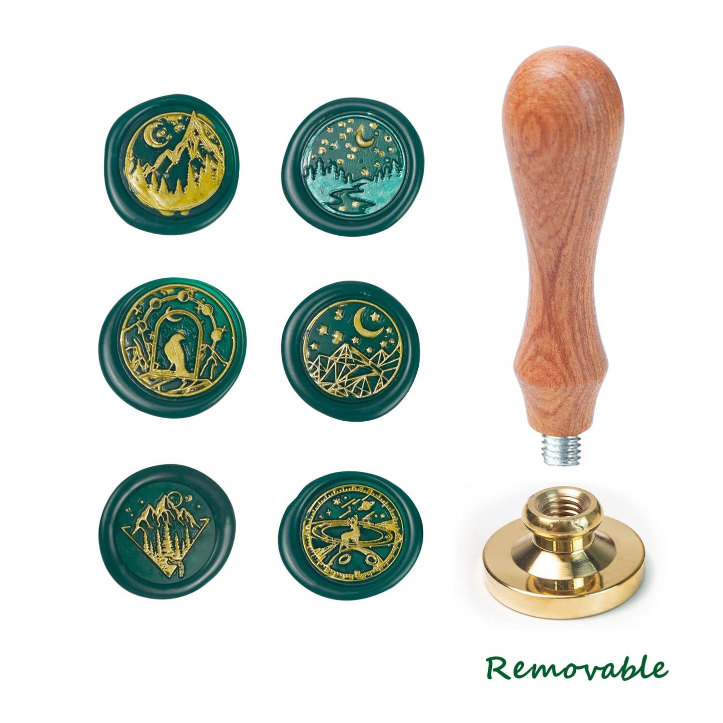 Wax Seal Stamp kit, ANBOSE Moon Wax Seal Stamp Set with 6 PCS Removable Brass Heads and 1 Wooden Handle, Starry Crow Deer Moon Sealing Wax Stamp for Cards Invitations