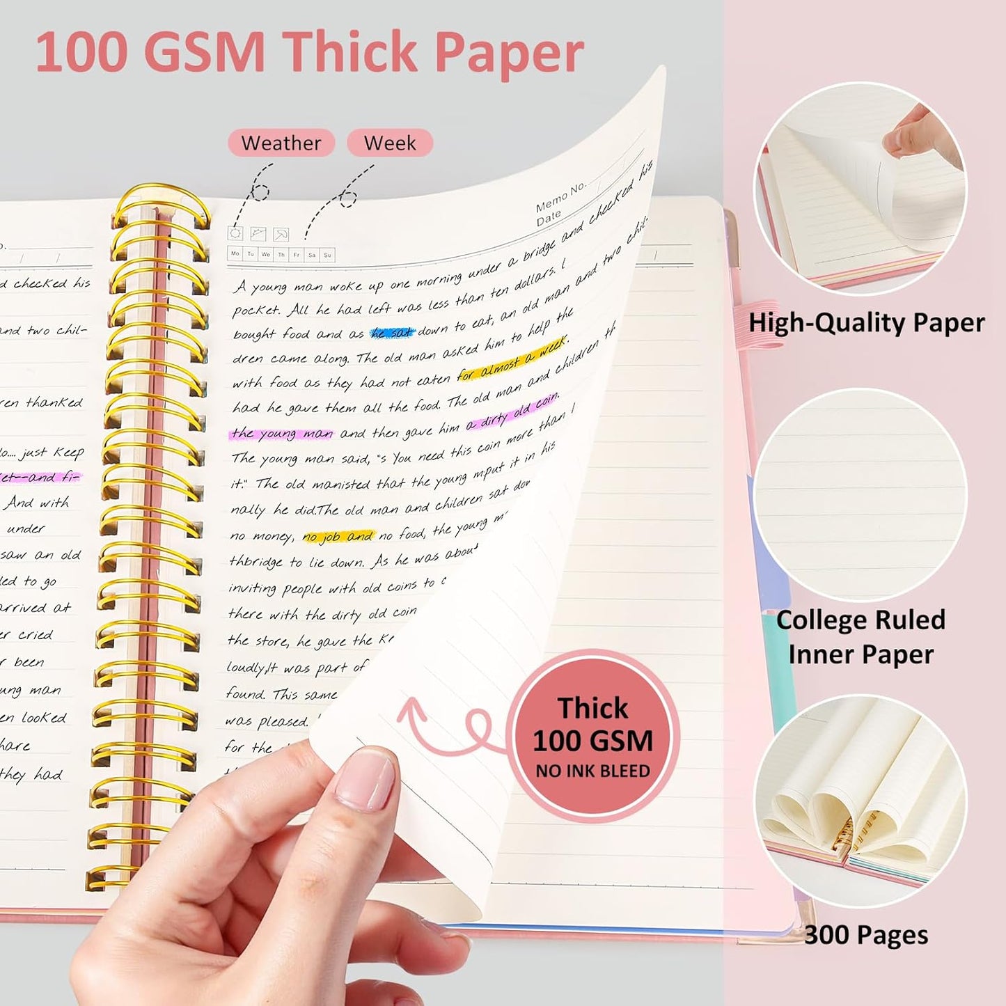 Hardcover Spiral Notebook Journal, 8"x10" Large B5 Notebooks with Removable Dividers Tabs, 300 Pages Leather 5 Subject Notebook College Ruled, Journal for Work School Note, 100 GSM Thick Paper,Pink