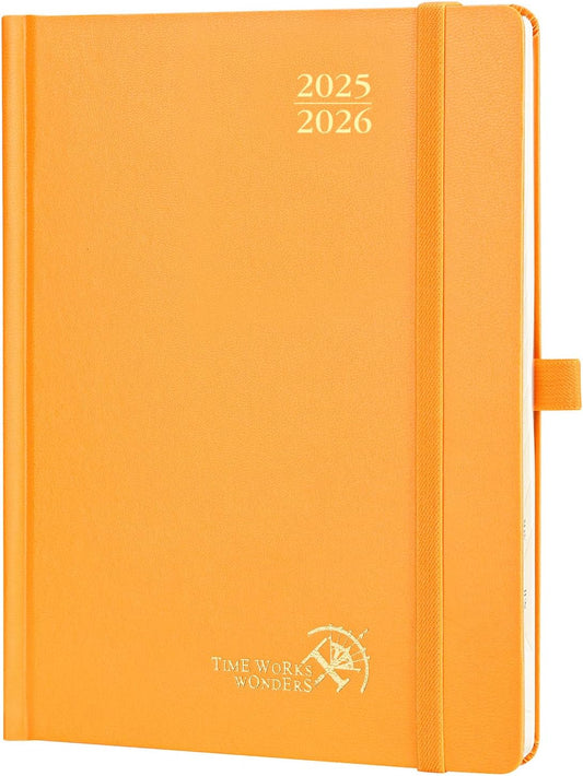 POPRUN Planner 2025-2026, (Medium 6.5'' x 8.5'' Hard Cover) Academic Calendar (July 25-June 26) Daily Weekly and Monthly Appointment Book with Hourly Time Slots, Monthly Tabs, 100 GSM - Orange