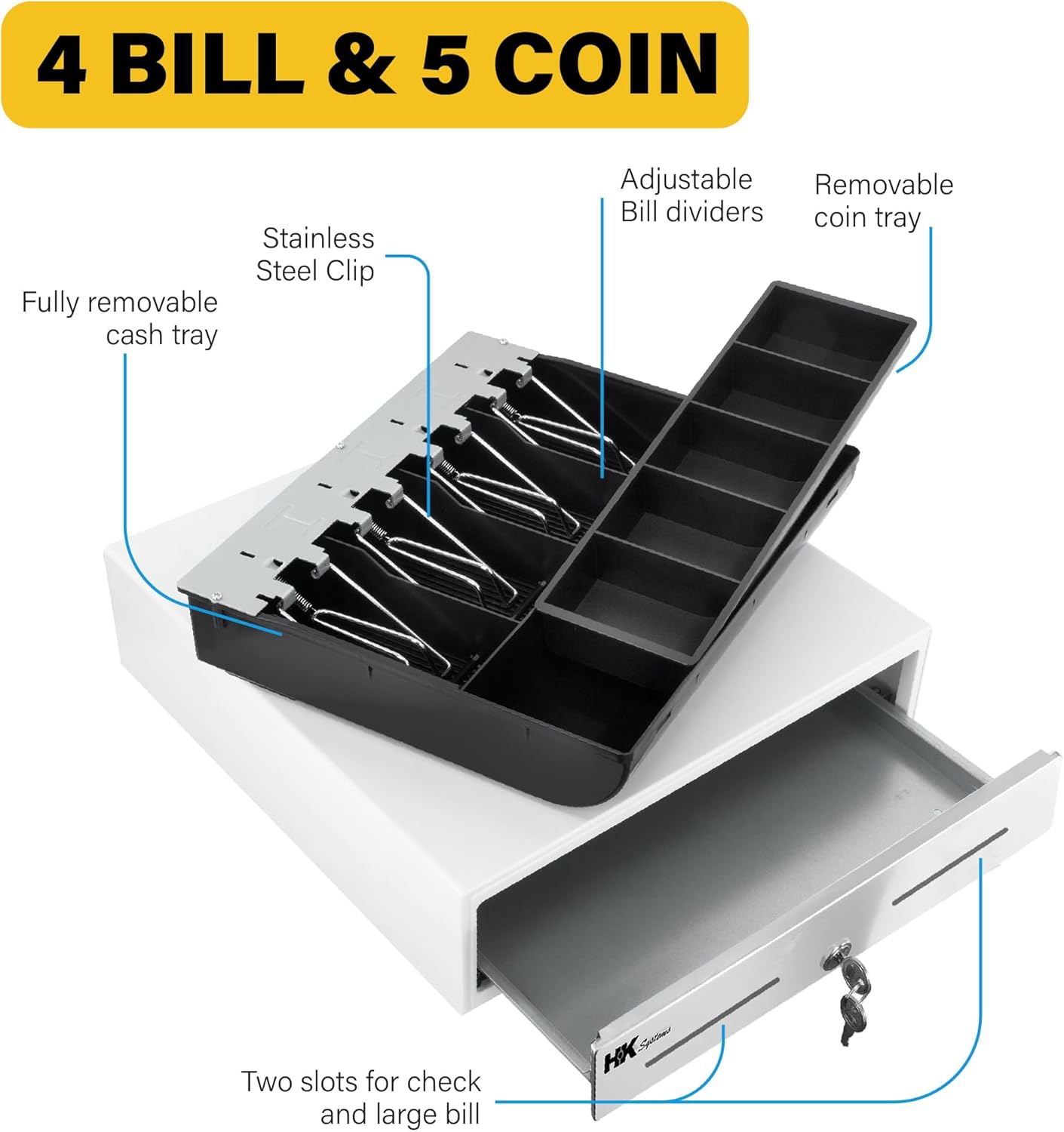 HK SYSTEMS 13inch Heavy Duty Manual Push-Open Cash Drawer with 4Bill/5Coin, Removable Till, "Stainless Steel Front" with Single Large Media Slot,White