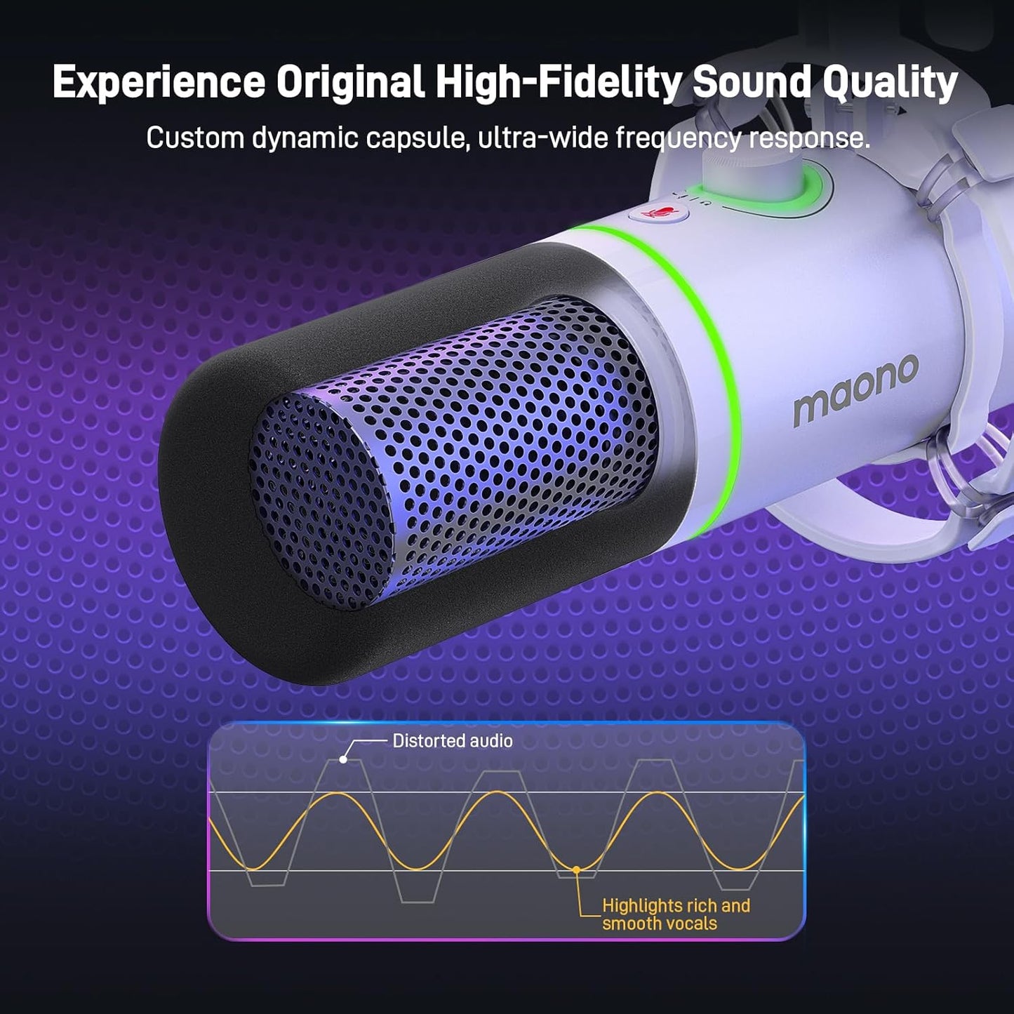 MAONO XLR/USB Dynamic Microphone Kit, RGB Podcast Mic with Software, Mute, Gain Knob, Volume Control, Boom Arm for Streaming, Gaming, Voice-Over, Recording-PD200XS White