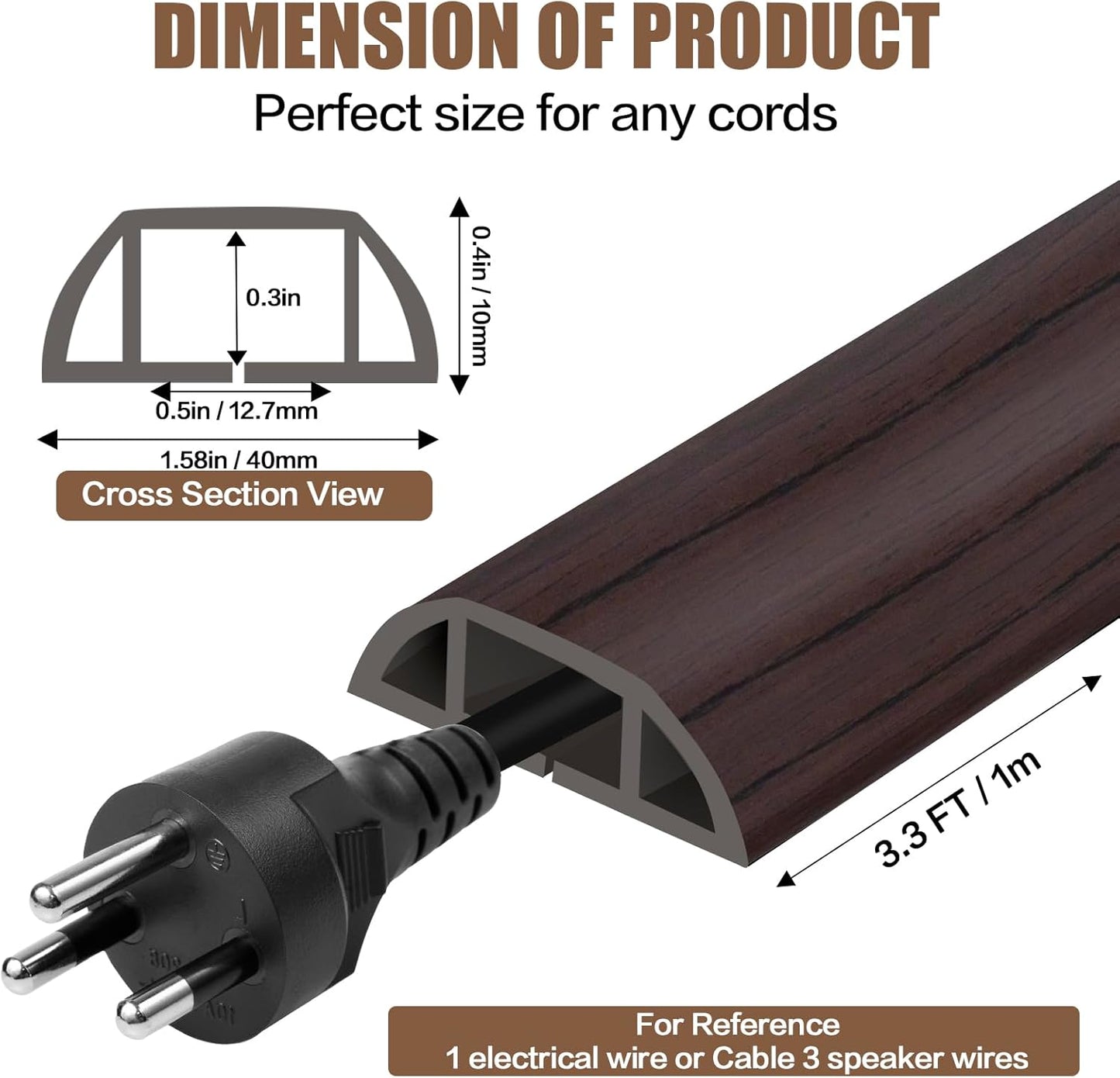 Floor Cord Cover Self Adhesive Cord Hider,3.3FT Cable Management, Extension Strip Protector for Wires, Prevent Cable Trips for Offices, Gyms, Exhibitions Cavity:0.51"(W) x 0.3"(H) Black Wood