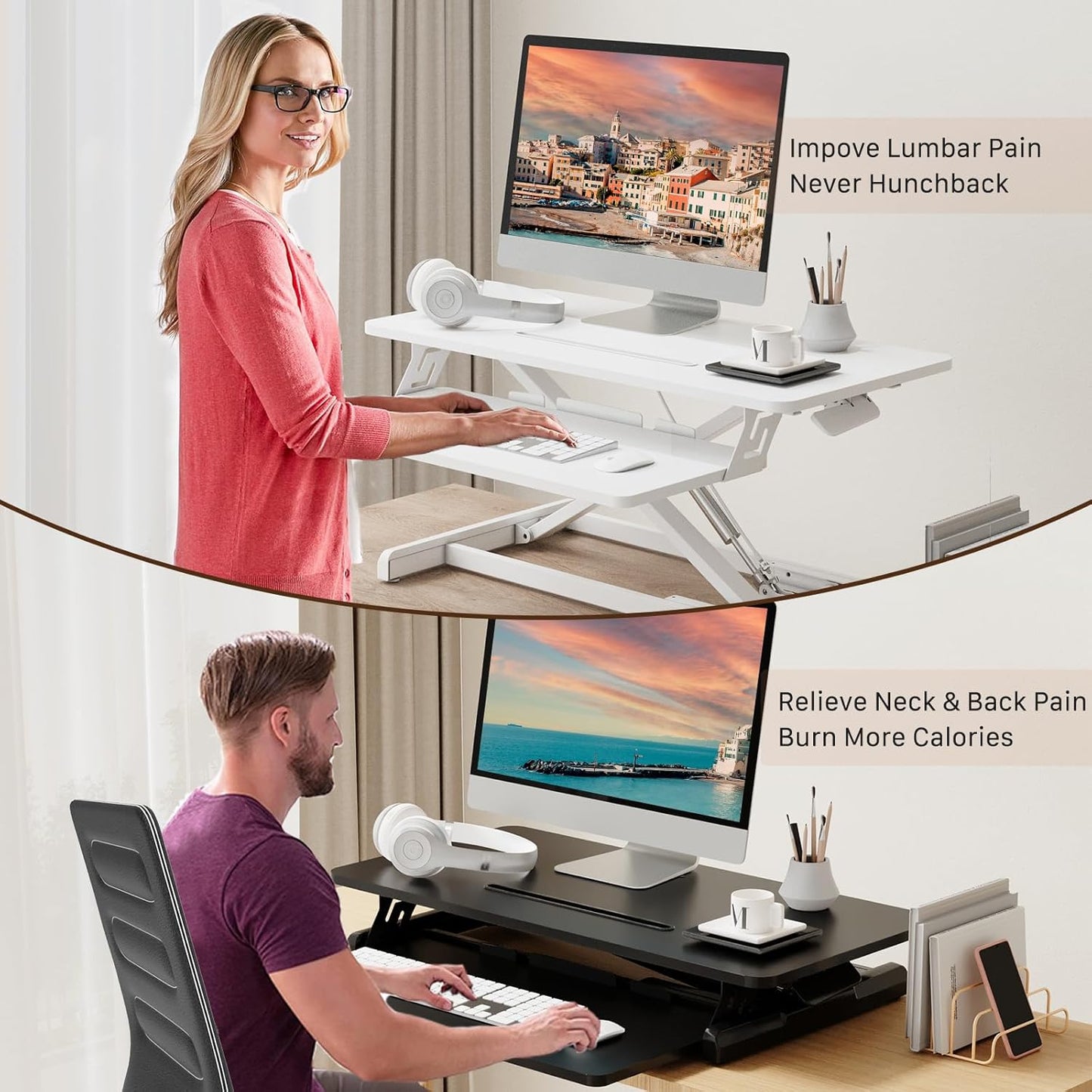 JOY worker Standing Desk Converter, 32" Wide Height Adjustable Sit Stand Up Desk Riser with Keyboard Tray, Desktop Workstation Riser for Home Office Computer Laptop, Particle Board, White