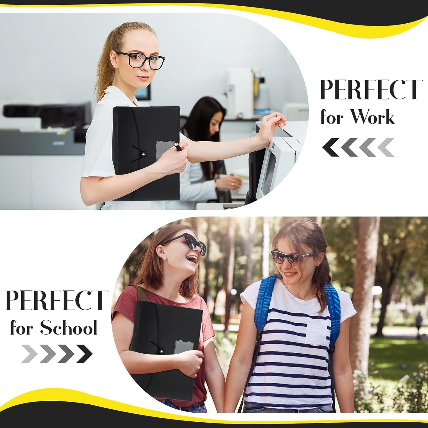 Glenmal 10 Pcs 7 Pocket File Folders File Organizer Expanding Folder with Labels Plastic Expandable Folder Pocket Folder A4 Letter Size Paper Organizer Folder for Office(Black)